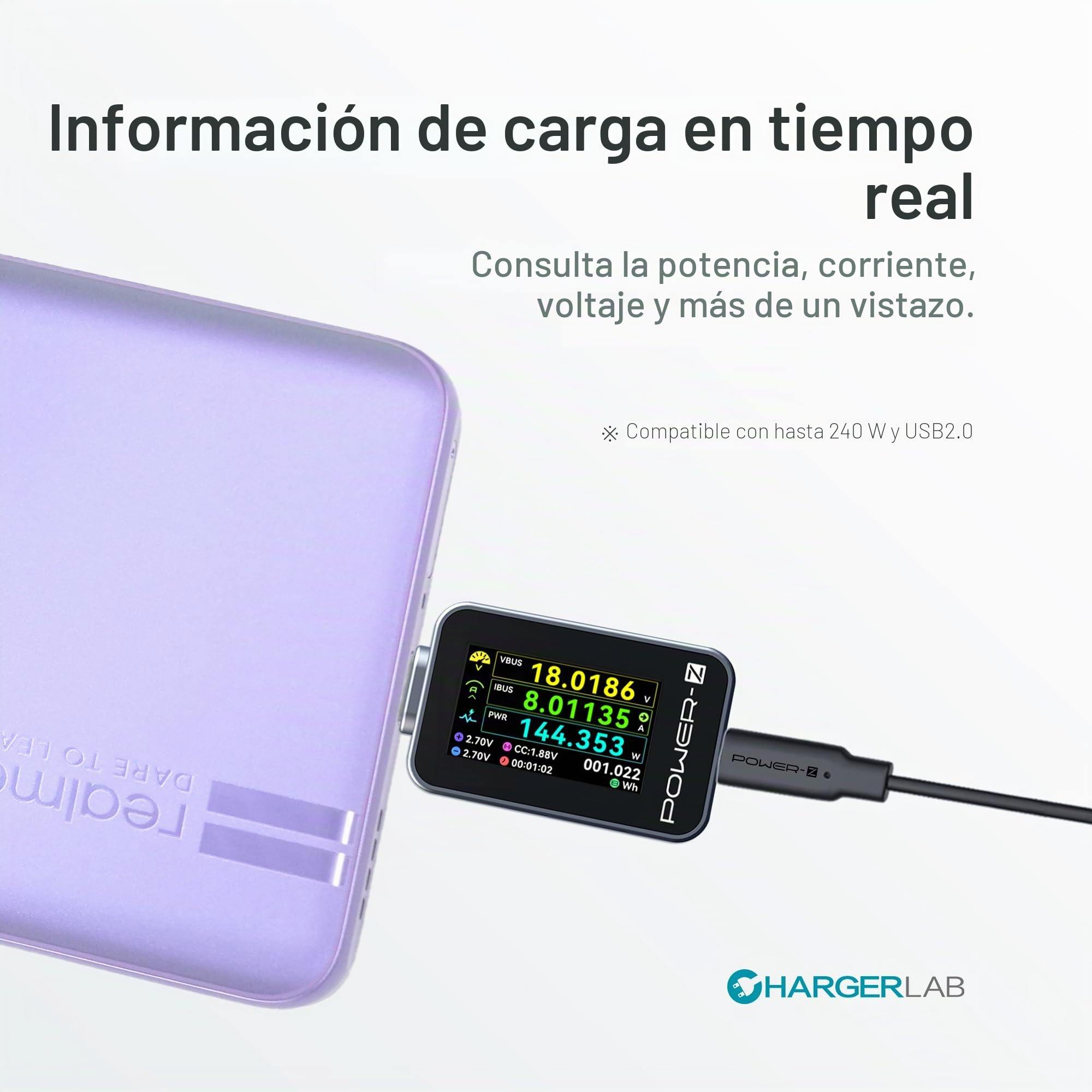 ChargerLAB POWER-Z C240 - Medidor de potencia digital USB-C portátil, soporta hasta 240 W y PD3.1 QC5.0, para teléfonos USB-C, portátiles, cargadores y más