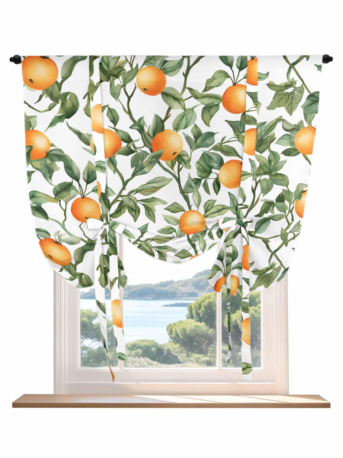 Tie Up Curtains for Windows Summer Orange Green Leaves Roman Shade 52 x 45 Inch Bathroom Curtains Window Farmhouse Botanical Rod Pocket Short Balloon Curtain for Living Room Kitchen Small Blinds
