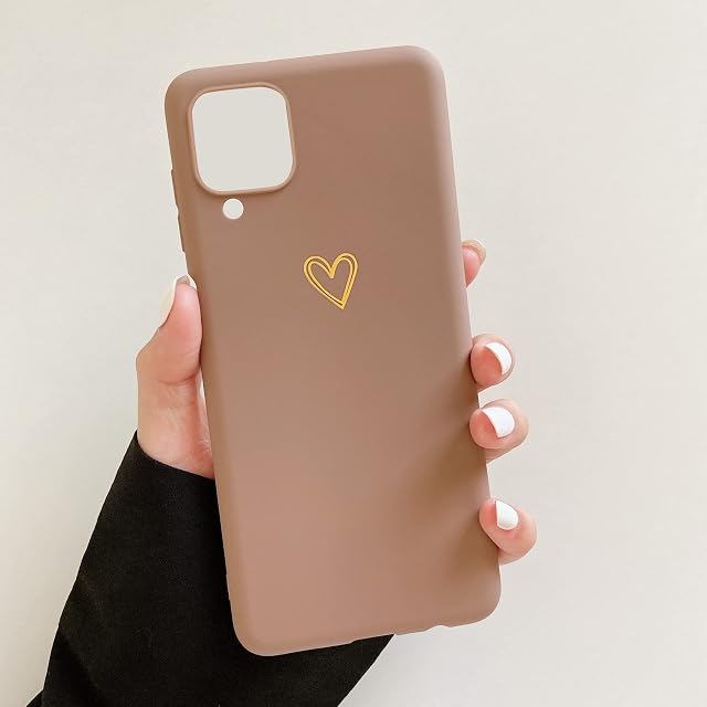 DEFBSC Case for Samsung Galaxy A12 / M12, Fashion Cute Love-Heart Shape Silicone Case Shockproof Soft TPU Back Cover Protective Case with Heart Pattern for Samsung Galaxy A12 / M12 - Brown