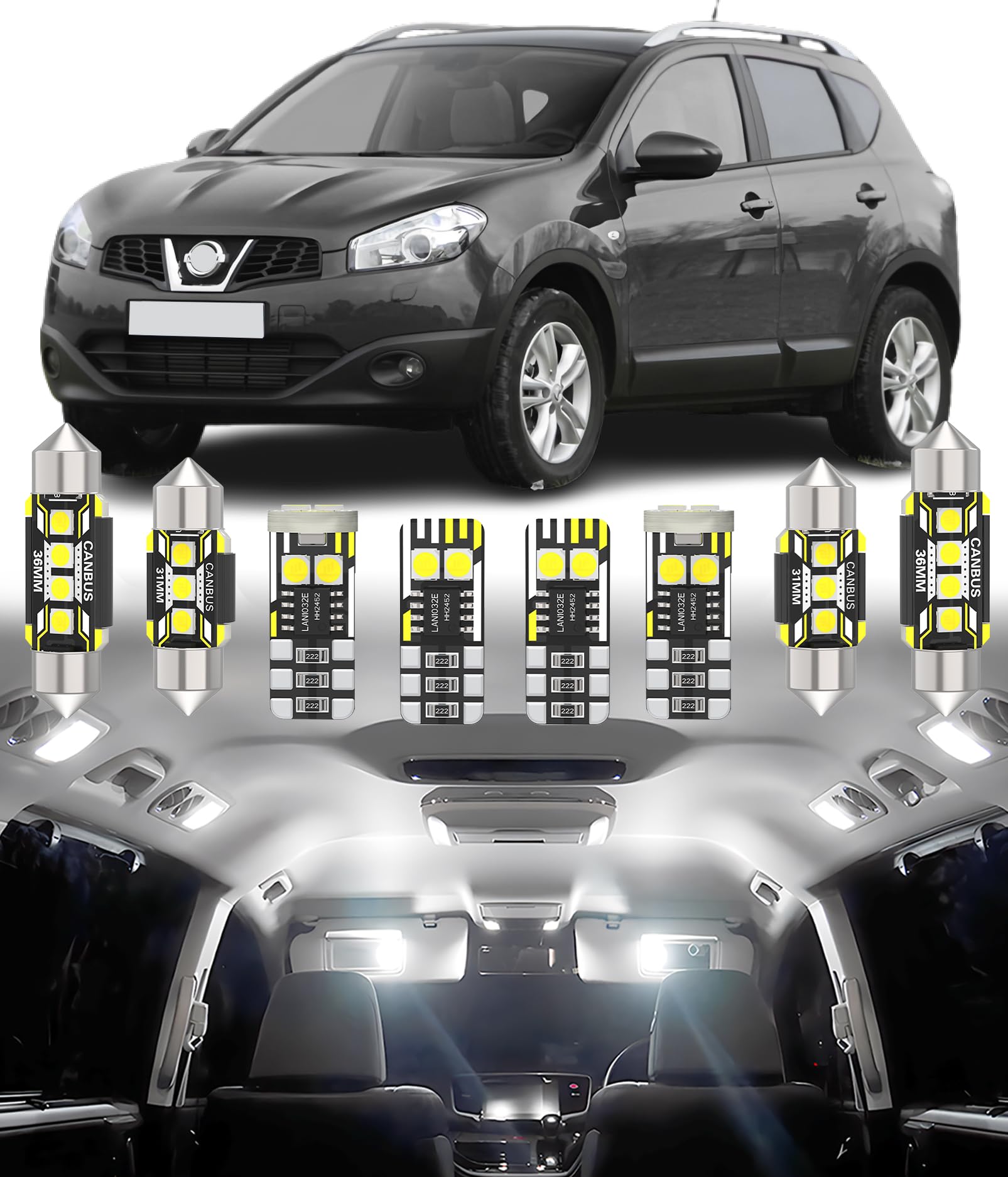 BMT xms 14pz Kit di Luci LED per Interni per Nissan Qashqai J10 2006-2013, Lampadine LED per Interni Auto e Camion 6000K Bianco Luminoso