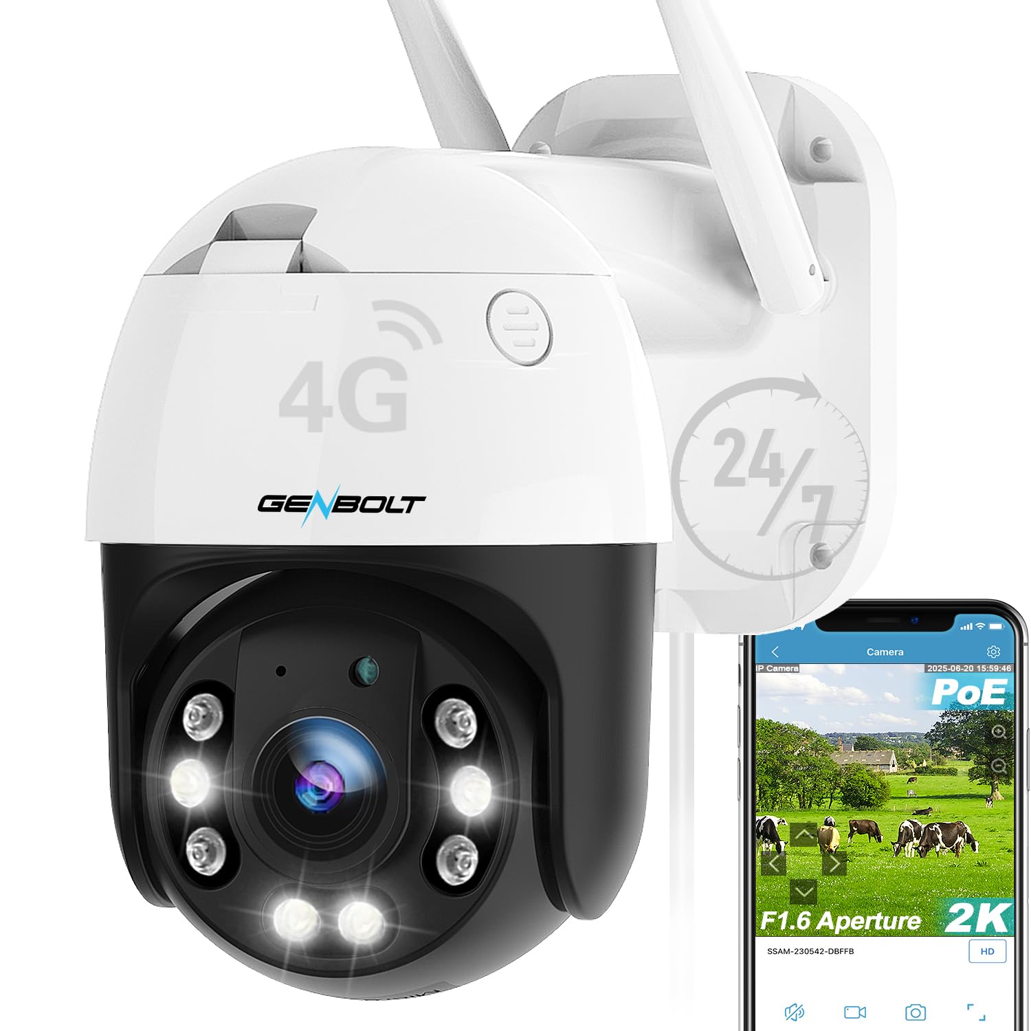 GENBOLT 2K 3G/4G LTE Security Camera Outdoor No WiFi,Cellular CCTV Camera 25FPS with Sim Card,IP Surveillance Camera Wired 24/7 Recording Humanoid Detection,Auto Tracking,Color Night Vision [DC&PoE]