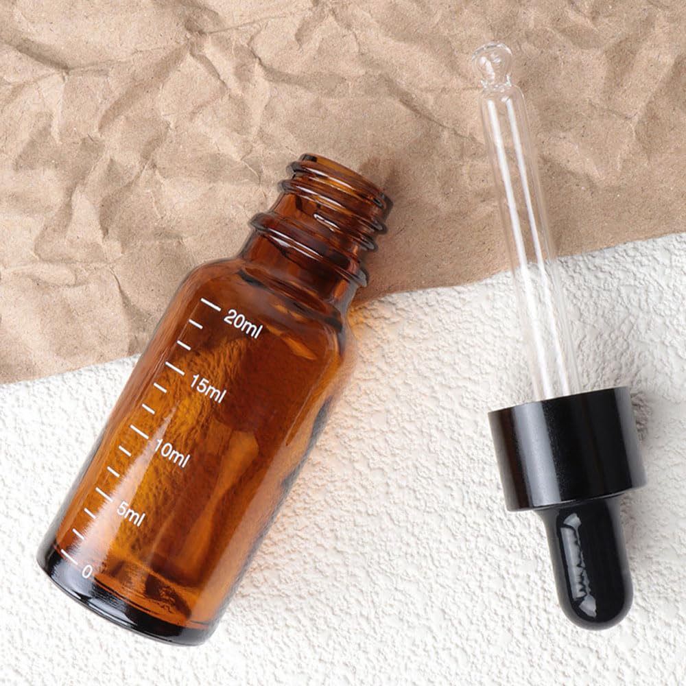 Leere bernsteinfarbene Glas-Tropfflaschen für ätherisches Öl, nachfüllbarer Ölbehälter mit Skalen-Reagenz für Augentropfenöle, Aromatherapie, Flüssigkeitspipetten, nachfüllbare Behälter (100 ml)