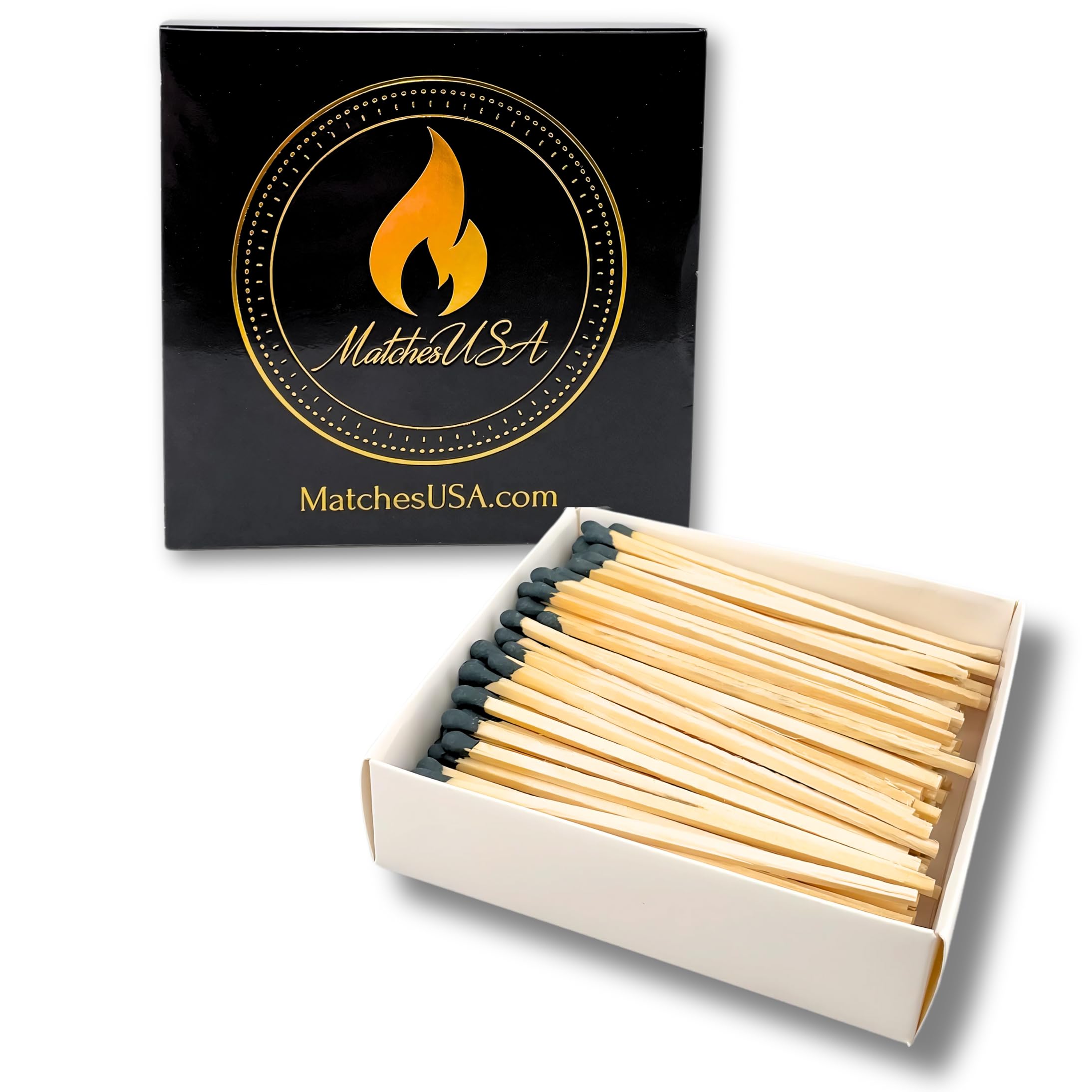 Box (150 Matches) | 4" Long Black Matches | Color Safety Match (4 inches) | Black &amp; Gold Matchbox | Wooden Wood Matchsticks