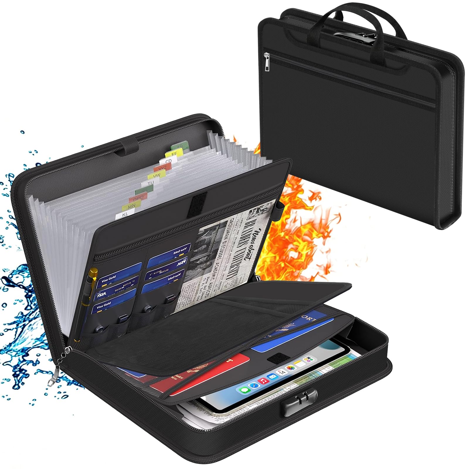 Fireproof Document Box, Xndryan Waterproof Document Bag Portable Fire Safe Storage Box Case with Lock for Contract Files Certificates Passports Cash