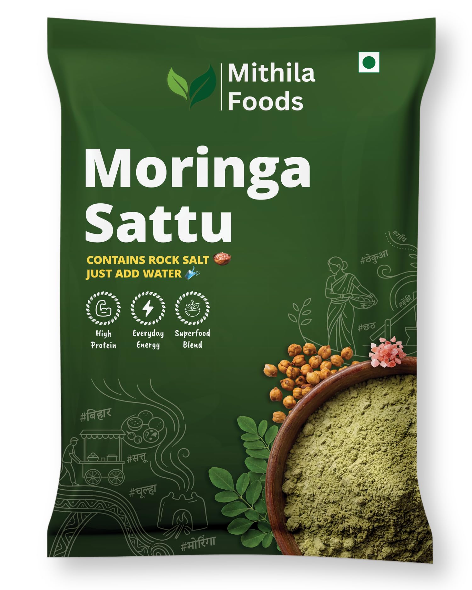 MITHILA FOODS Moringa Sattu 2 Kg | Ready-to-Drink High Protein Superfood | Roasted Chana Sattu + Moringa Leaf Powder + Salt Spices Mix | Boosts Energy, Stamina & Immunity | Authentic Taste of Bihar