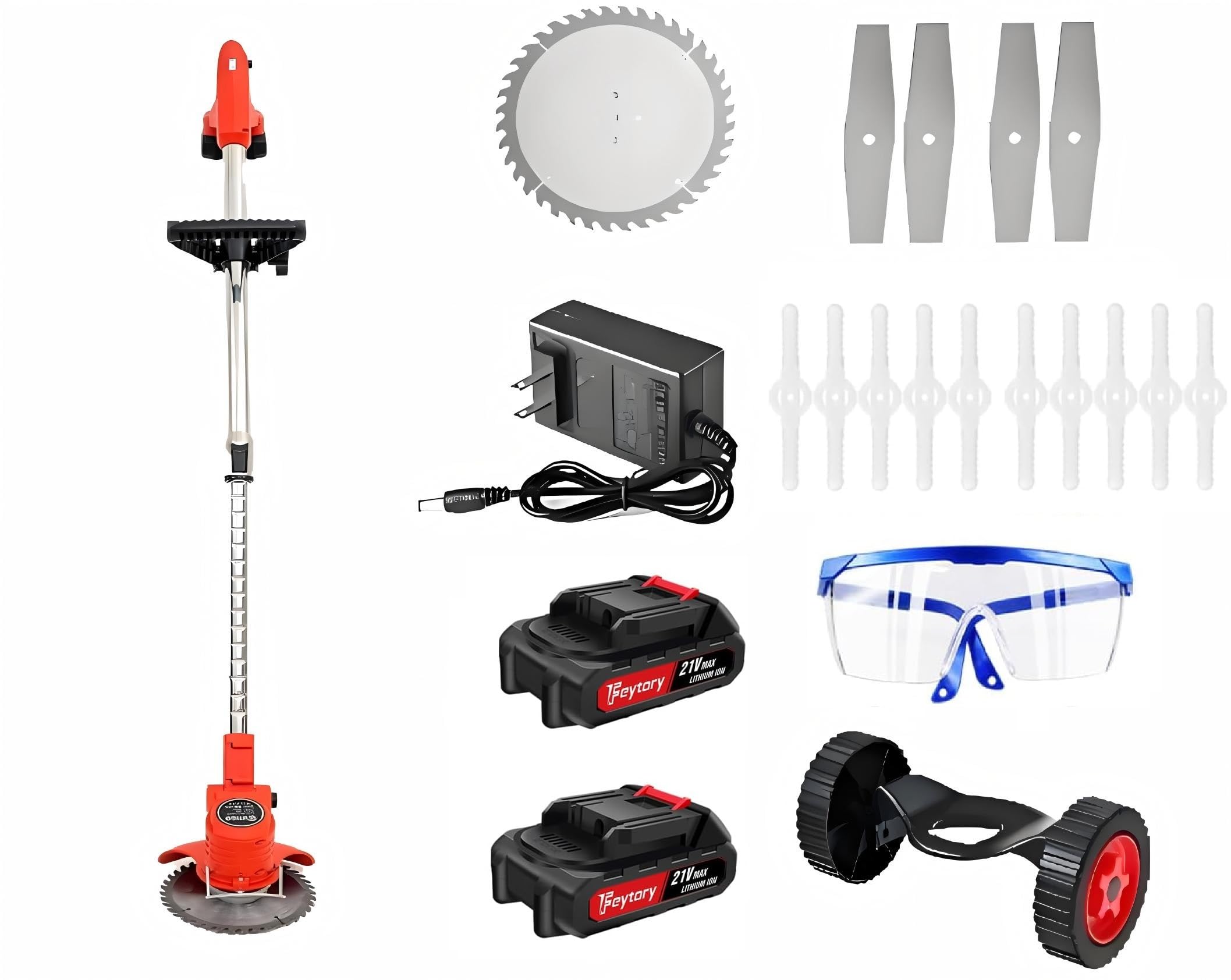 Débroussailleuse Électrique sans Fil, Légère et Pliable, 2 Batteries 2000mAh 21V, 4 Types de Lames, pour Pelouse et Jardin (Rouge)