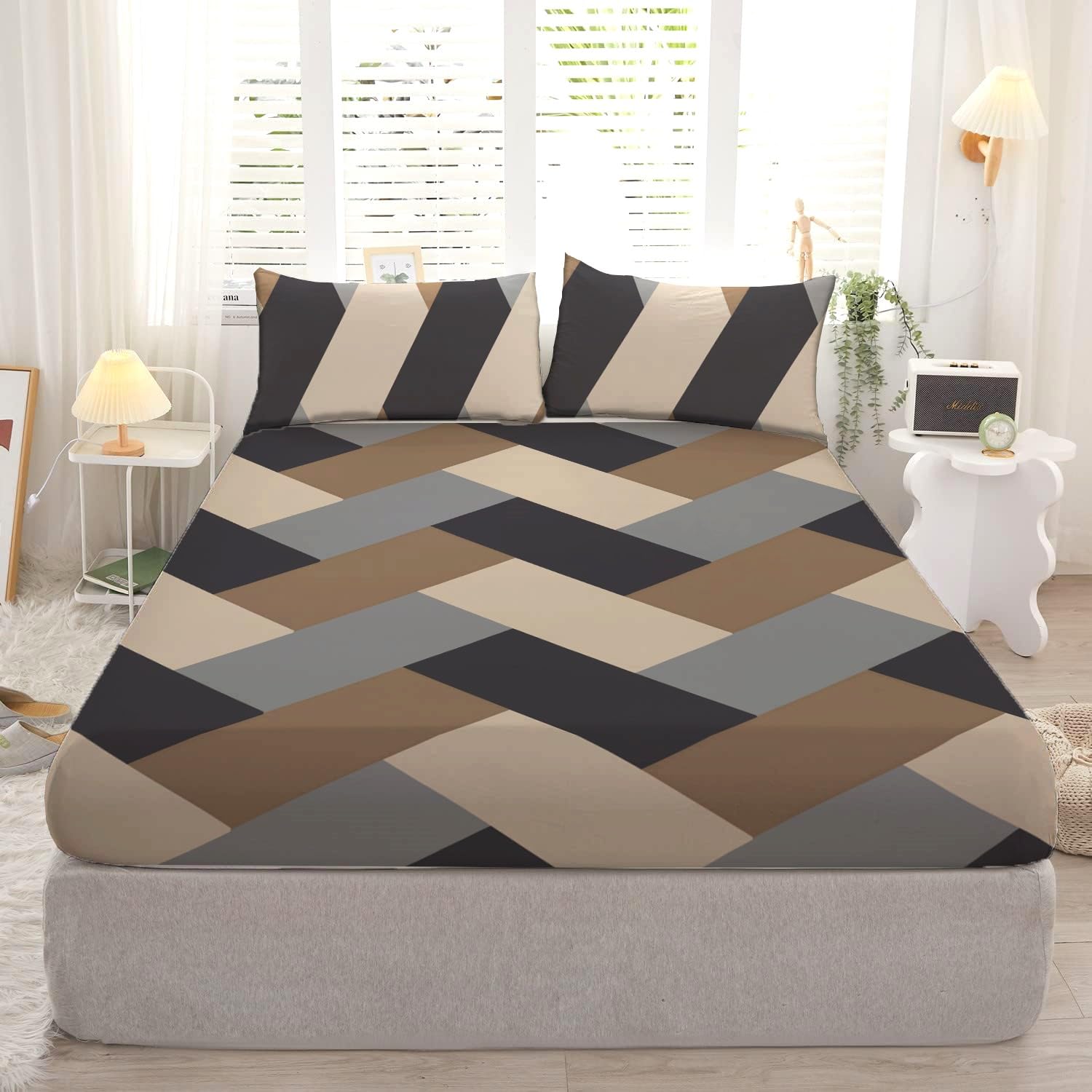 DECOMIZER 300 Tc Cotton Feel All Around Elastic Fitted Glace Printed Queen Size Double Bedsheet with 2 Large Pillow Covers Fits Upto Mattress of 8 Inches, Size - 60 x 78 x 10 Inches, Beige Cross Grey