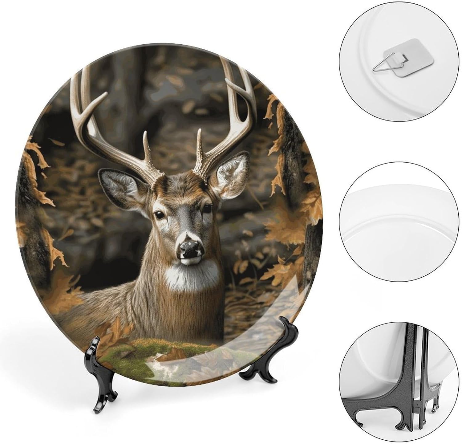 Camouflage Deer Bone China Decorative Plate with Display Stand, Ceramic Ornaments Plate for Wall Hanging, Personalized Porcelain Plates for Office, Living Room 10inch