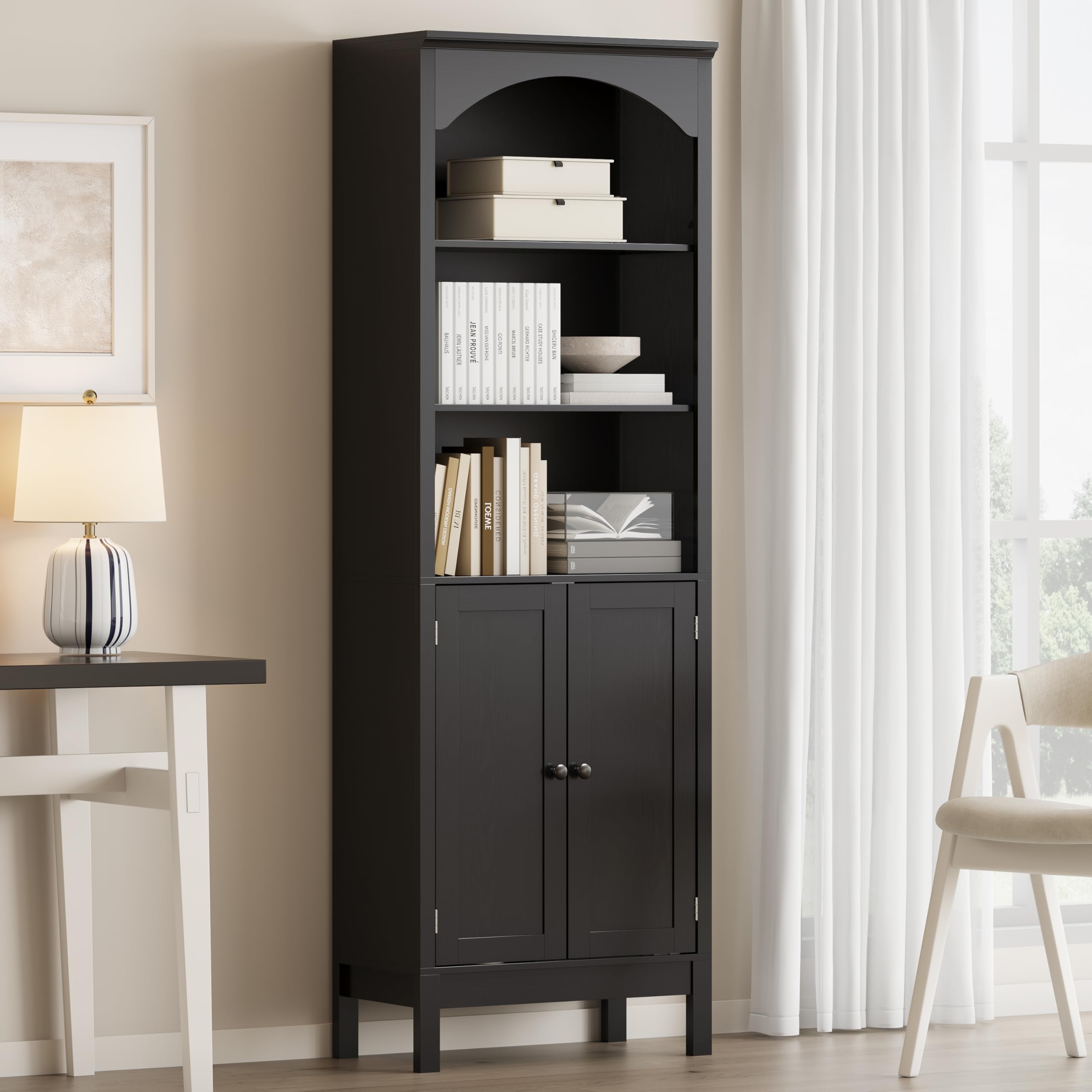 Arched Bookshelf,3 Tier Tall Bookcase with Adjustable Shelves and Cabinet