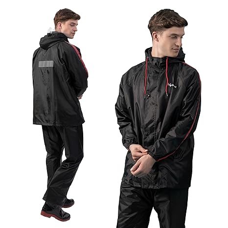 Lifelong Campaign Men's Polyester Waterproof Standard Length Raincoat Double Coating Reversible Rain Suit with Hood & Inner Mobile Pocket, Set of Top and Bottom.Size-XXL