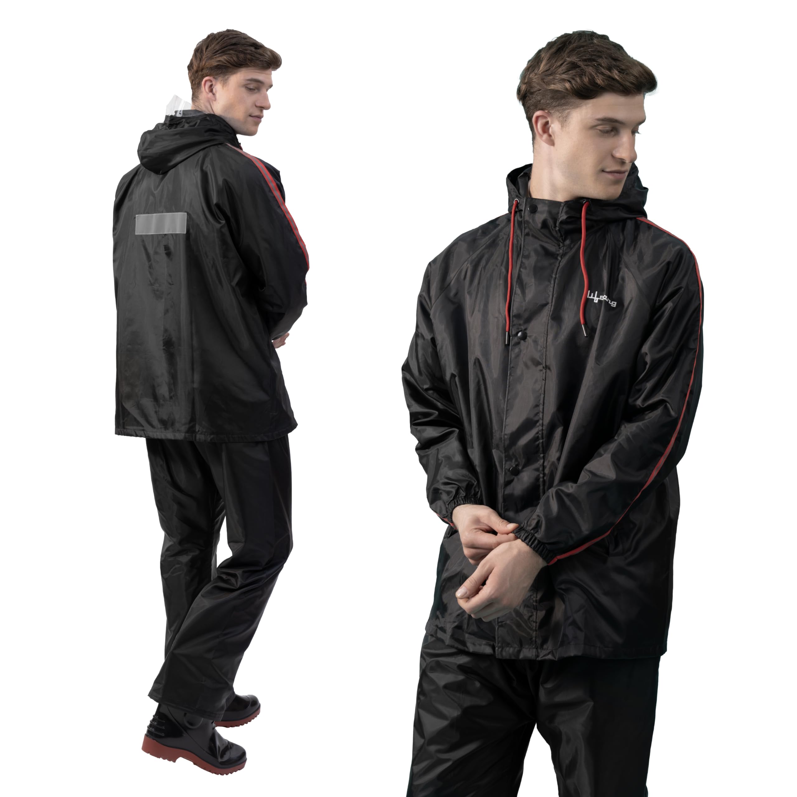Lifelong Men's Raincoat Set | Waterproof Polyester Double-Coated Reversible Rain Suit | Hooded Jacket with Inner Mobile Pocket & Pants | Standard Length for Hiking, Camping L Black With Red Stripe-image-3