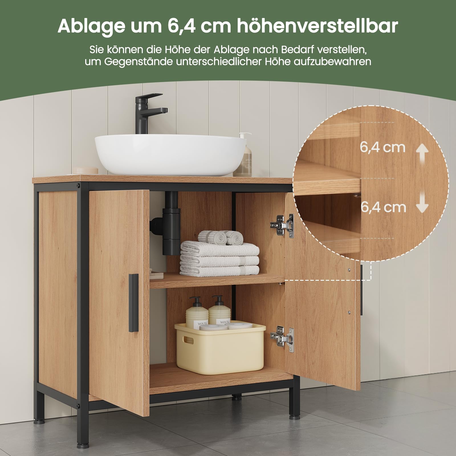EUGAD Waschbeckenunterschrank 60x60x30 cm, Badezimmerschrank mit höhenverstellbarer Trennwand, Kleiner Schrank im Badezimmer, Badschrank aus Holzwerkstoff Metall, Schwarz
