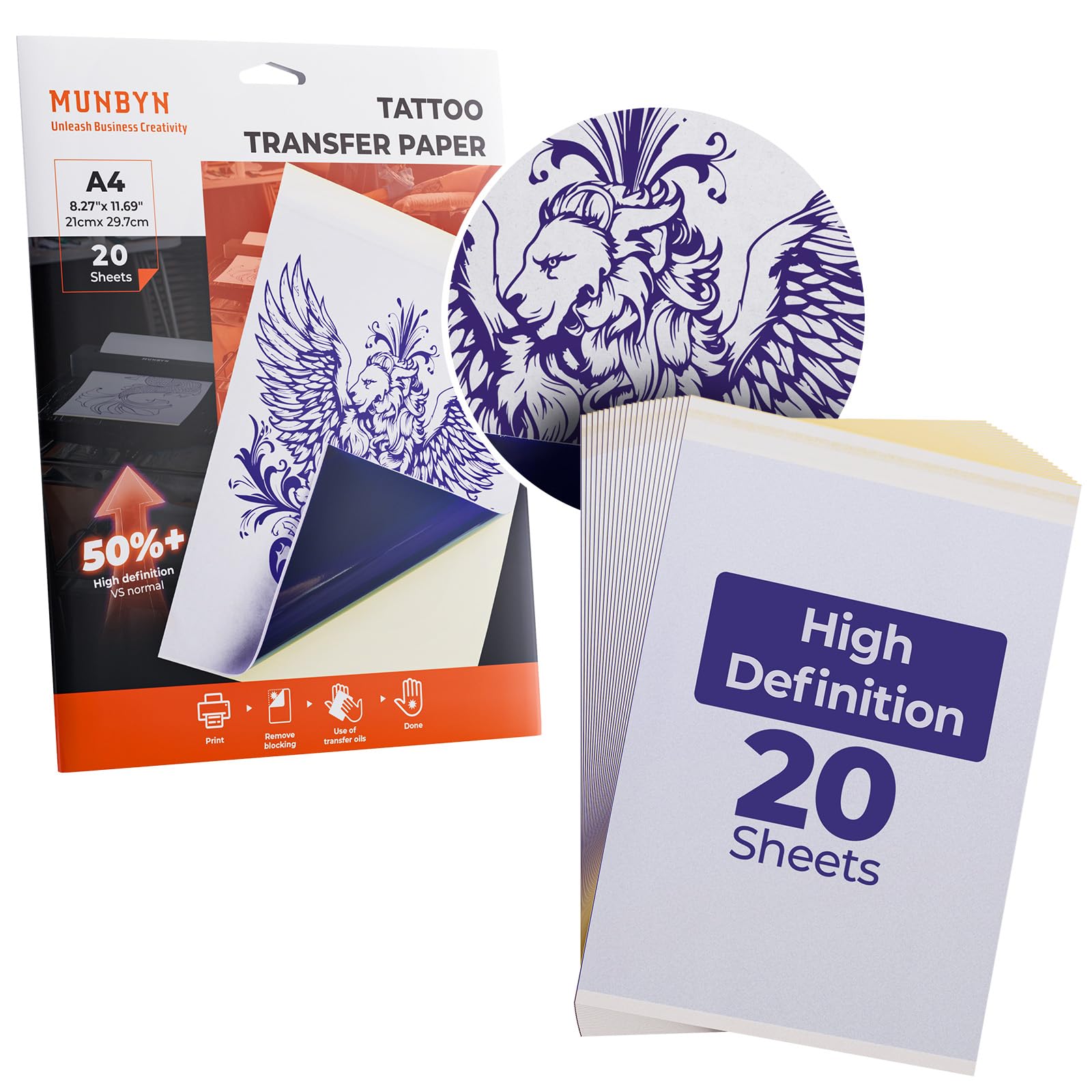 MUNBYN Imprimante À Tatouage, Kit Thermique sans Fil avec 20 Feuilles De Transfert (Pochoirs), Compatible Android, iOS Et PC, Modèle ITP05, 20 Feuilles Papier Transfert Thermique A4