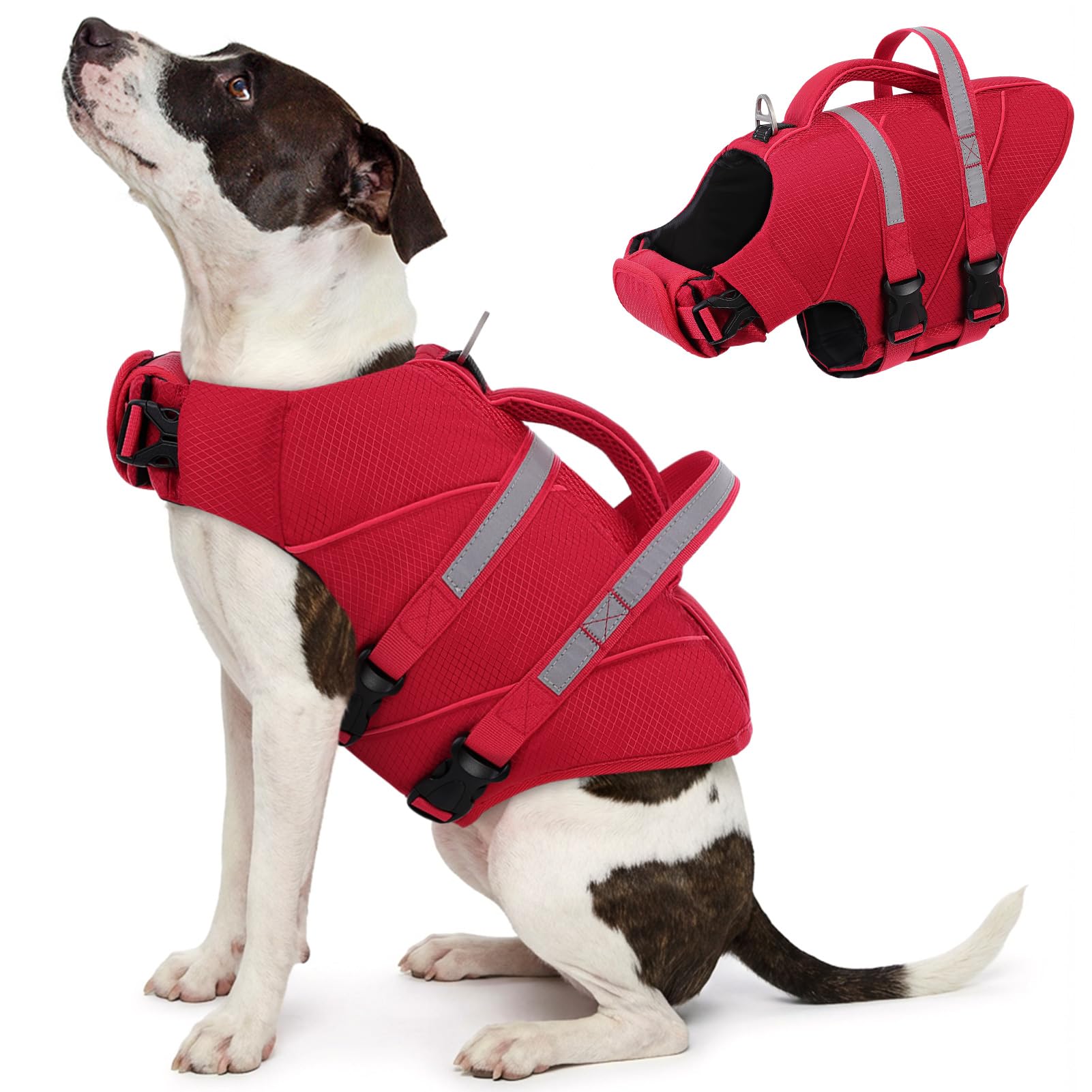 Queenmore Dog Life Jacket Small Ripstop Dog Life Vest For Swimming Reflective Adjustable Pet Buoyancy Aid for small dogs Yorkshire,Maltese,Poodle,Pomeranian (Red, S)
