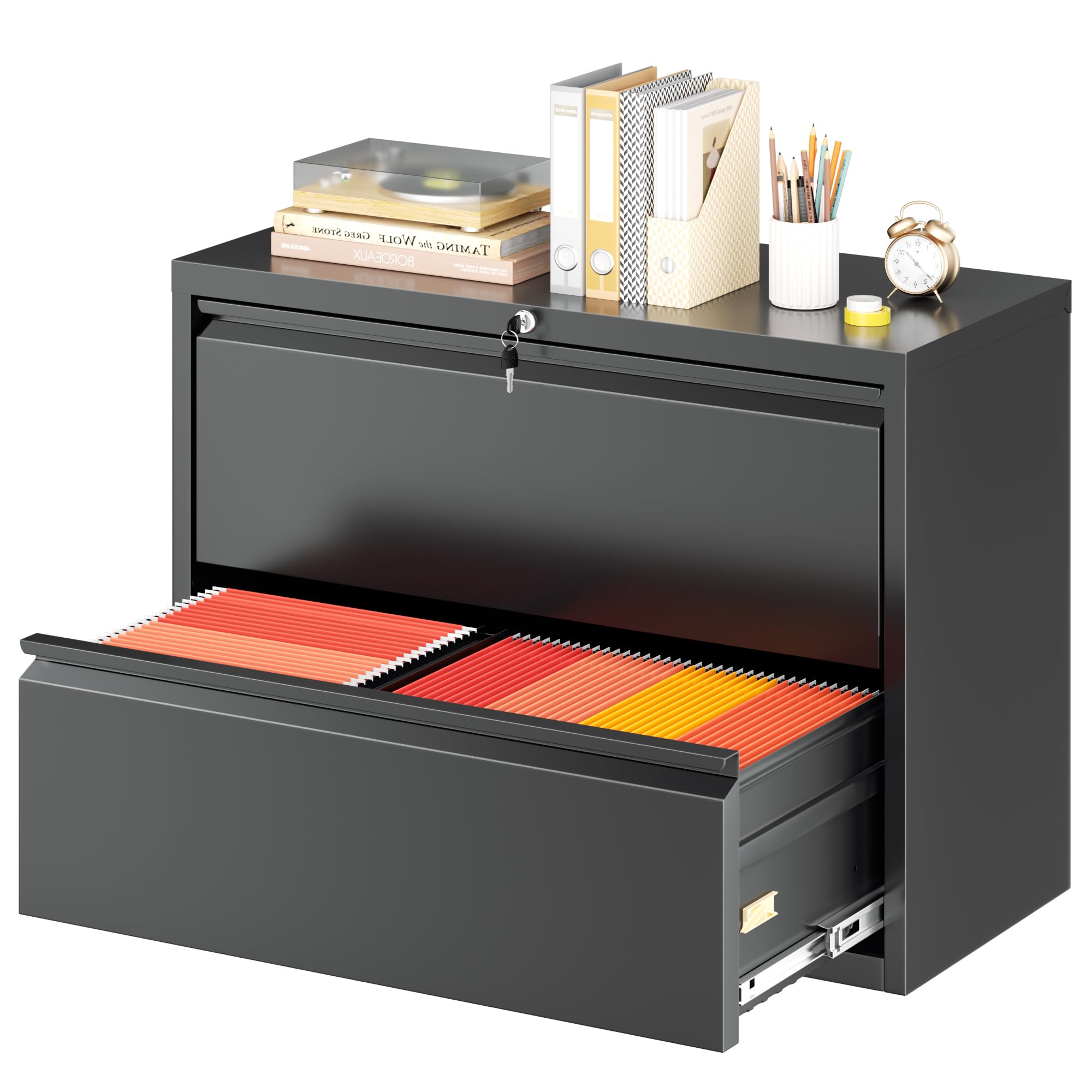 Greenvelly Lateral File Cabinet 2 Drawer, Lockable Metal Filing Cabinet for Home Office, Black Metal File Cabinet with Lock for Legal/Letter/A4/F4 Size with Hanging Bars&Key
