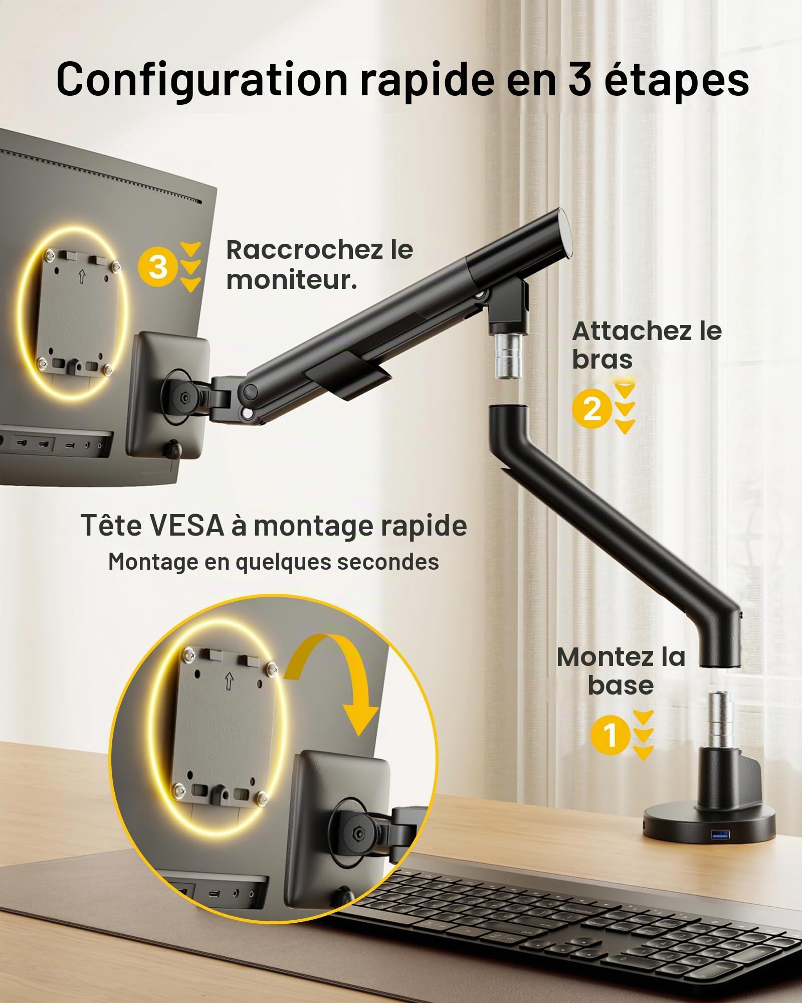 monTEK Bras Écran PC pour Écran 17-40 Pouces avec Hub 2 Ports USB A/C 3.0