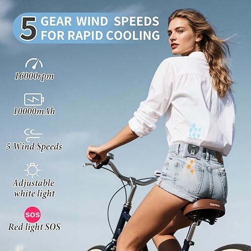 Miniatura 3 de Ventilador de cintura portátil con clip en cinturón portátil de 10000 mAh, ventilador personal recargable con batería con 5 velocidades, viento y