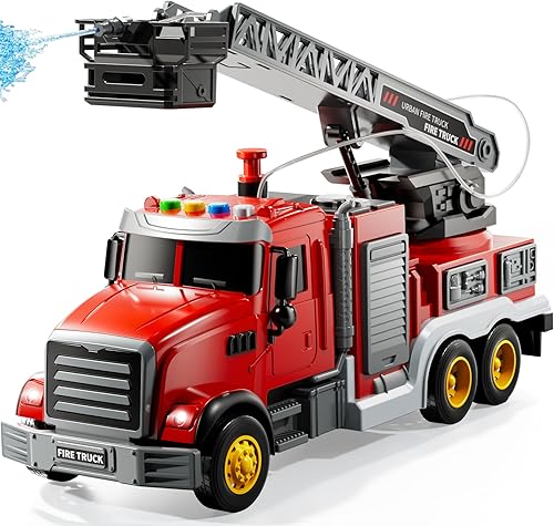 Miniatura 12 de Camión de bomberos de juguete para niños de 3, 4, 5, 6, 7, 8 años, juego de camiones de bomberos con escalera giratoria, sonido y luz, juguetes de