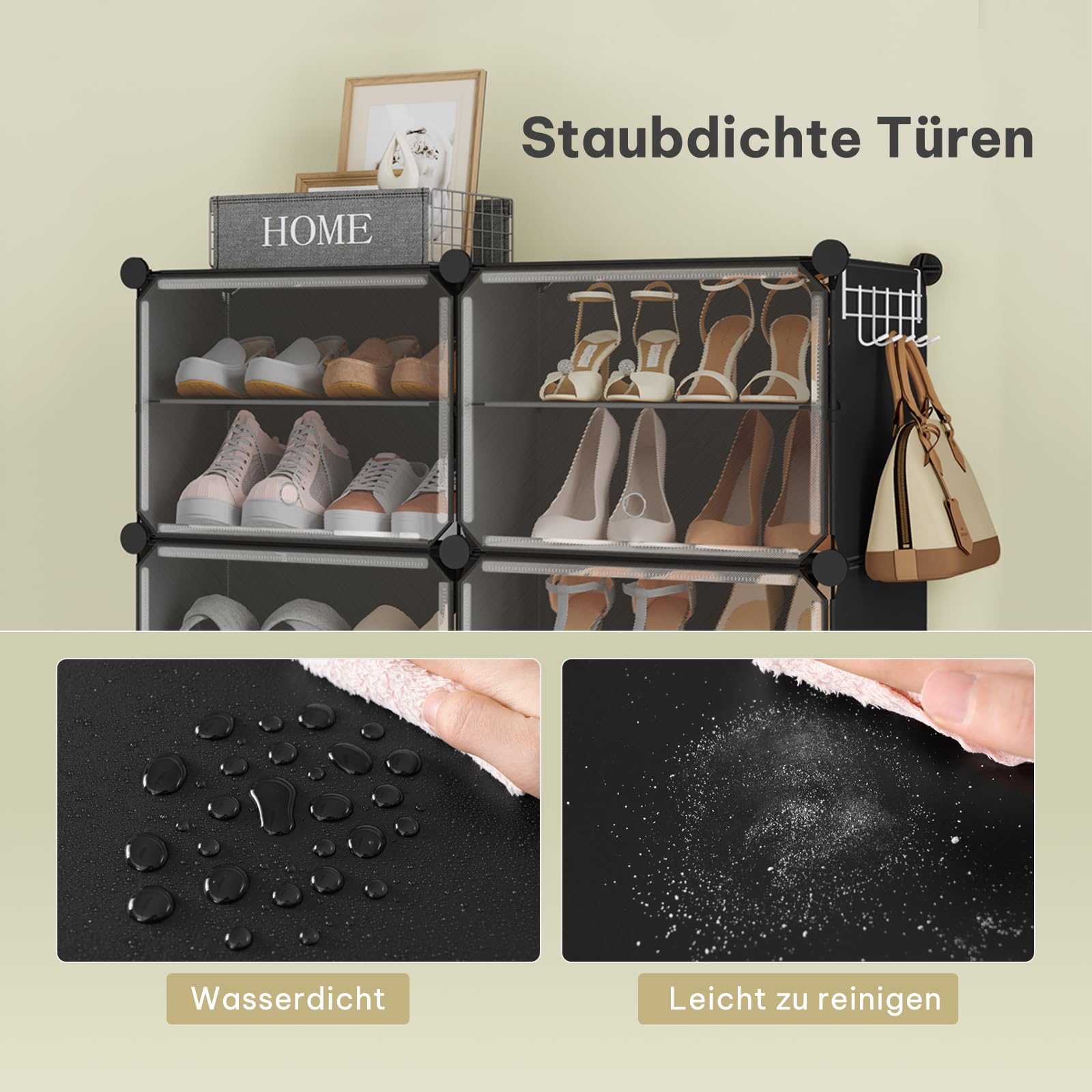WOLTU Schuhregal, Schuhschrank mit 10 Fächern, Platzsparend, Mit Haken, Schuhablage Kunststoff, für Flur Schlafzimmer Eingang, Schuhaufbewahrung für 40 Paar Schuhe,Bis Größe 44, Schwarz