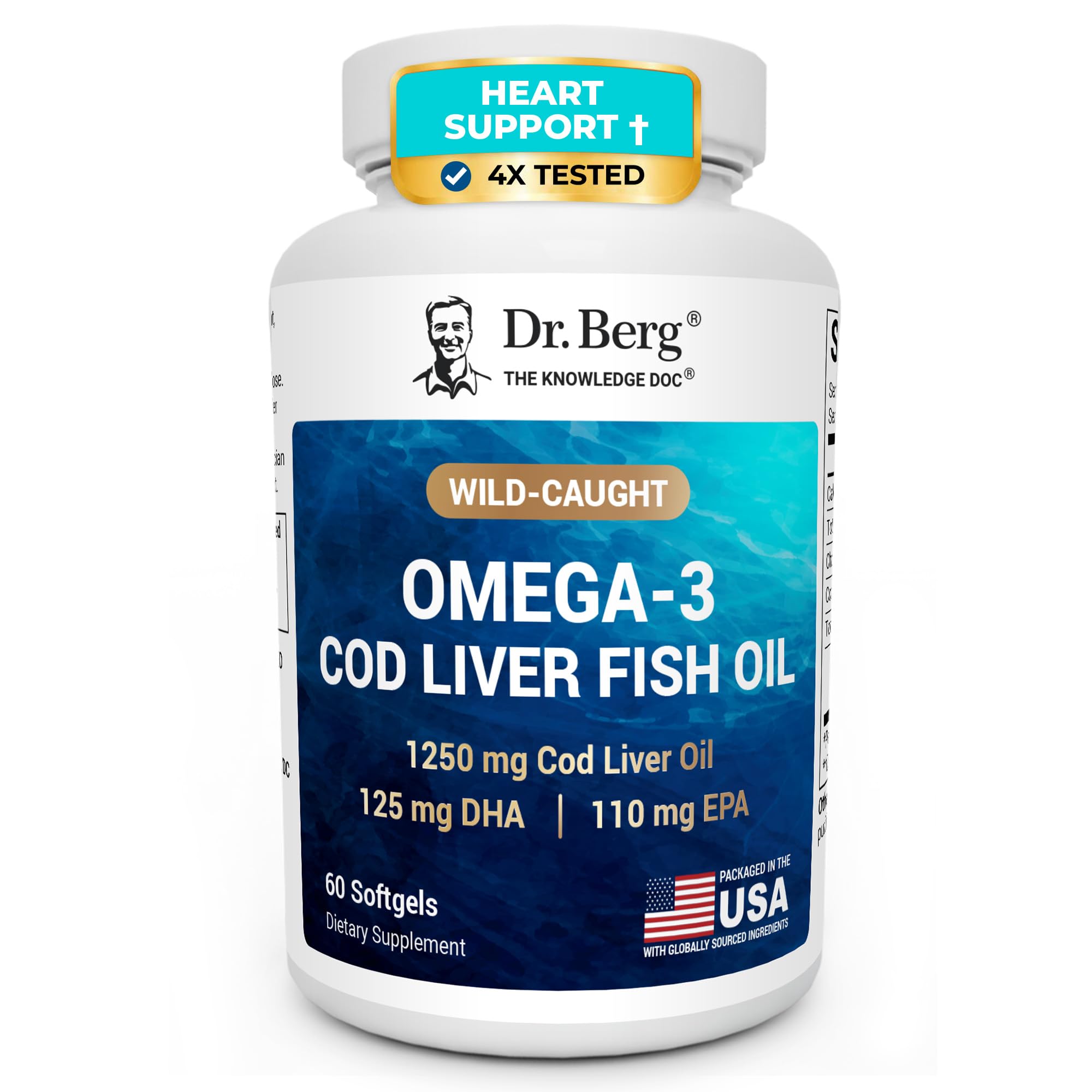 Dr. Berg Omega-3 Cod Liver Fish Oil 60 Softgels – Wild-Caught Icelandic Cod – Omega 3 EPA & DHA – Heart, Brain, Immune & Eye Support* – Lemon Flavor – 4X Lab-Tested – Non-GMO, No Fillers