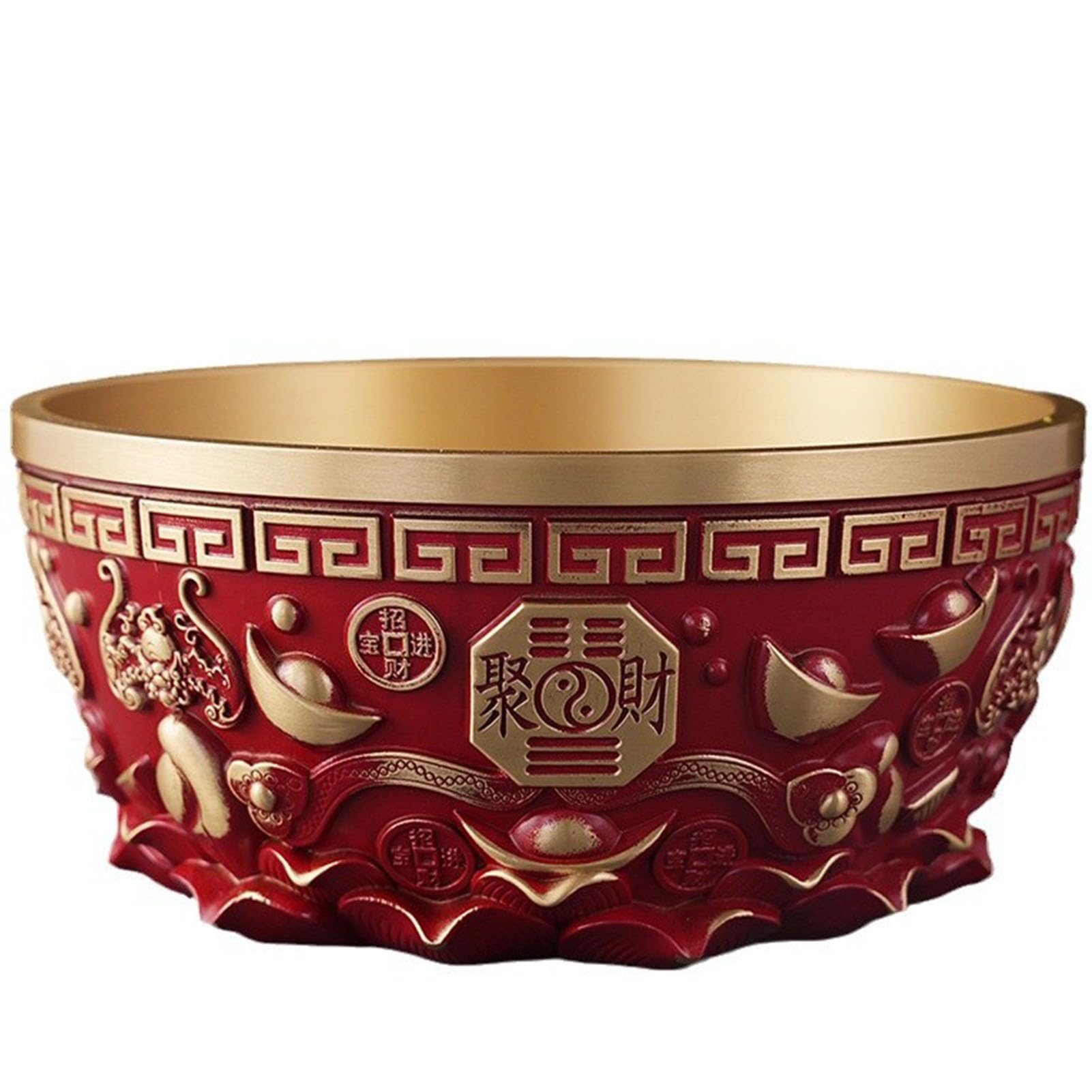 Miska na skarby Feng Shui z czerwonego mosiądzu - symbol bogactwa w kolorze szczęścia na biurko w domu, ręcznie wykonany metalowy wystrój ze złotymi akcentami,14CM