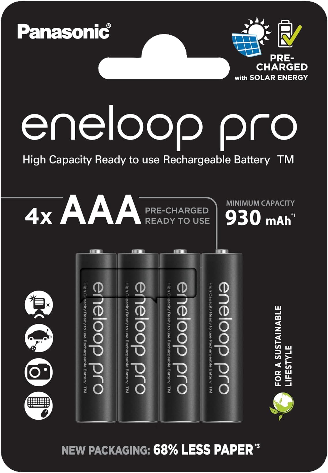Eneloop Panasonic pro ready-to use Ni-MH battery, AAA/Micro, 4-pack, min. 930 mAh, 500-charge cycle life, very high power performance & low self-discharge, plastic free packaging