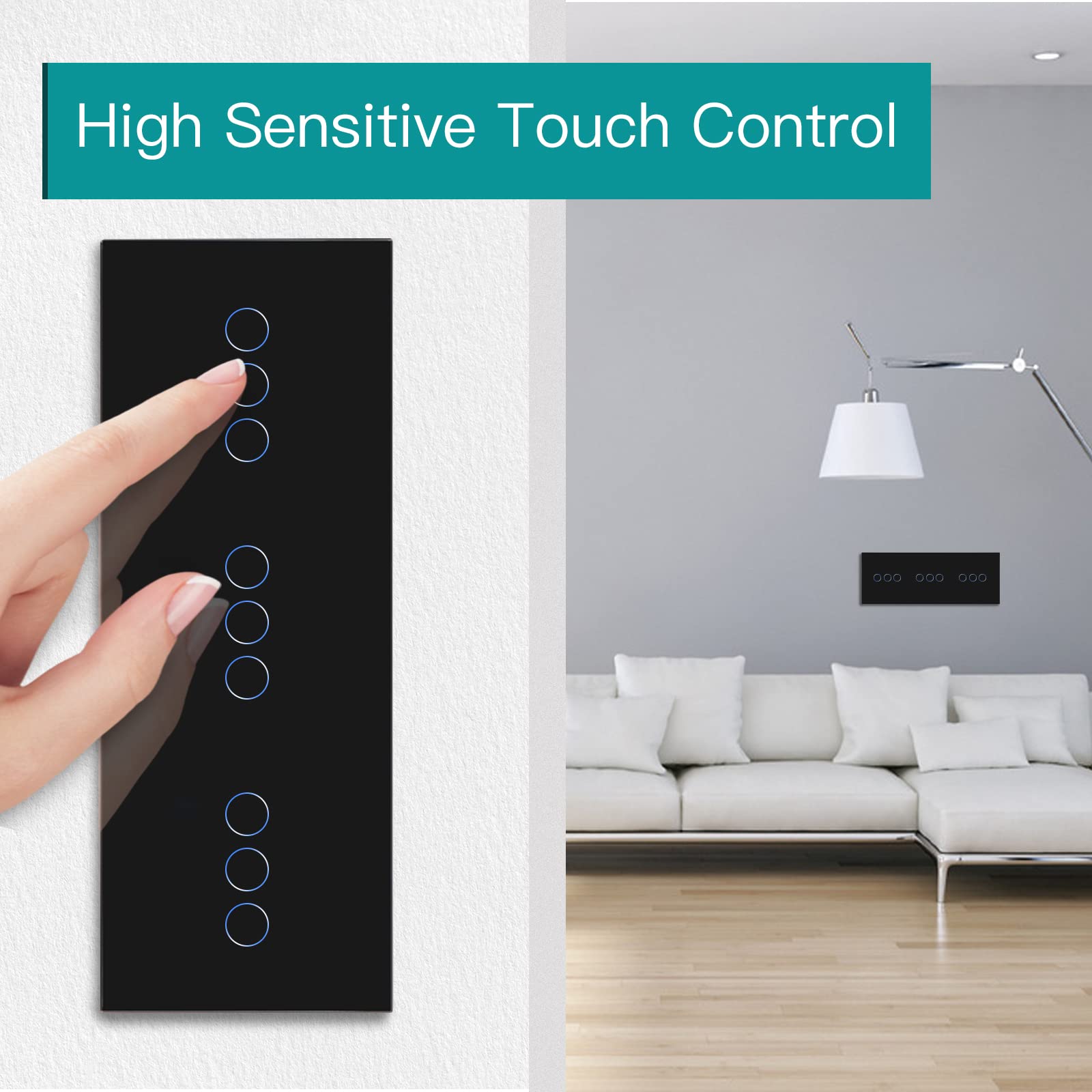 BSEED Interruttore della luce WiFi Smart Alexa senza conduttore neutro, interruttore touch WIfI in vetro, Alexa e Google Home Work con Tuya, 3 scomparti + 3 scomparti + 3 scomparti 228 mm, nero