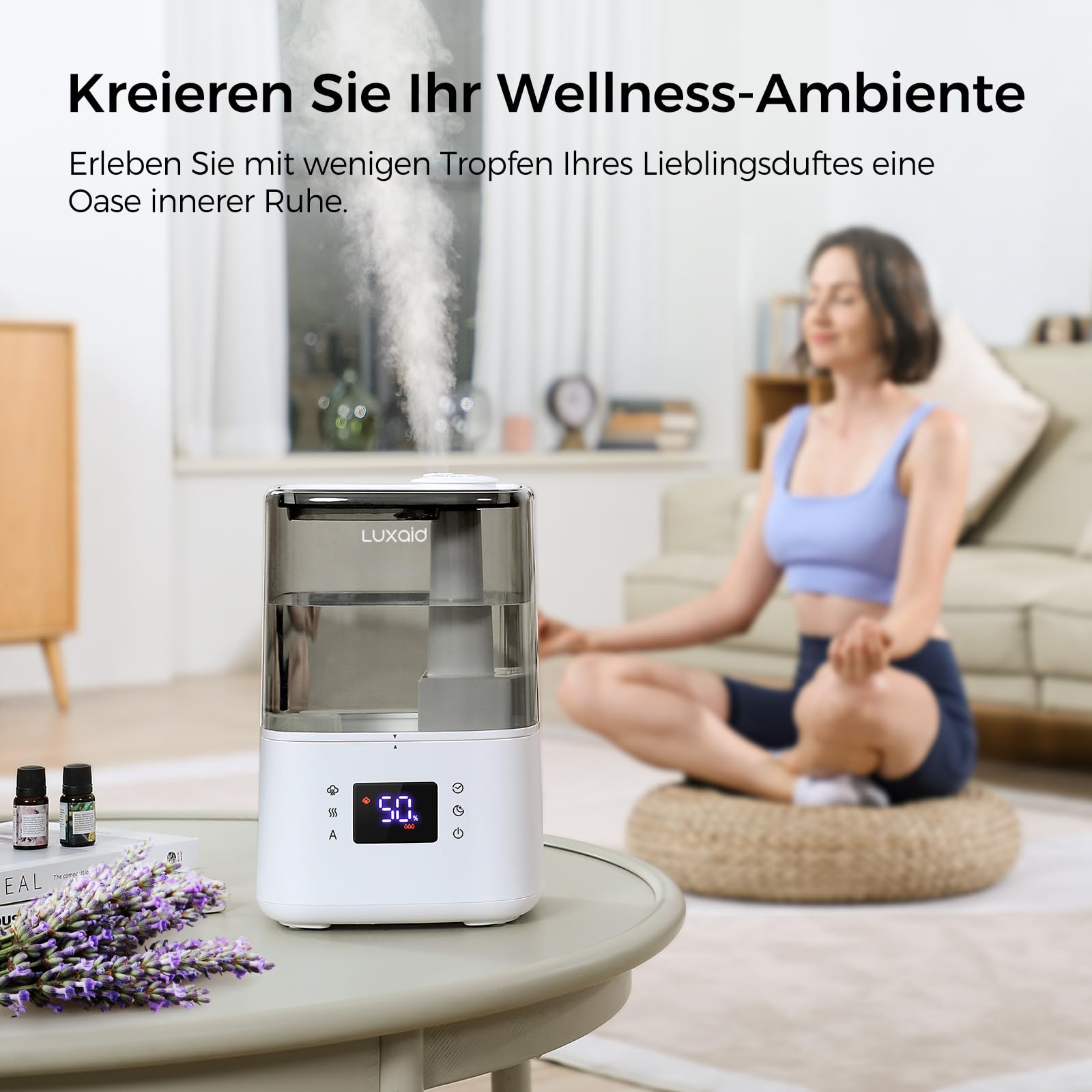 4,5L Luxaid Warm- und Kaltnebel Luftbefeuchter Schlafzimmer Große Räume mit Fernbedienung & Hygrostat, 28dB Leise Humidifier for Bedroom Baby, Top-Fill, bis 45H, Timer, Auto-Abschaltung, HU-802