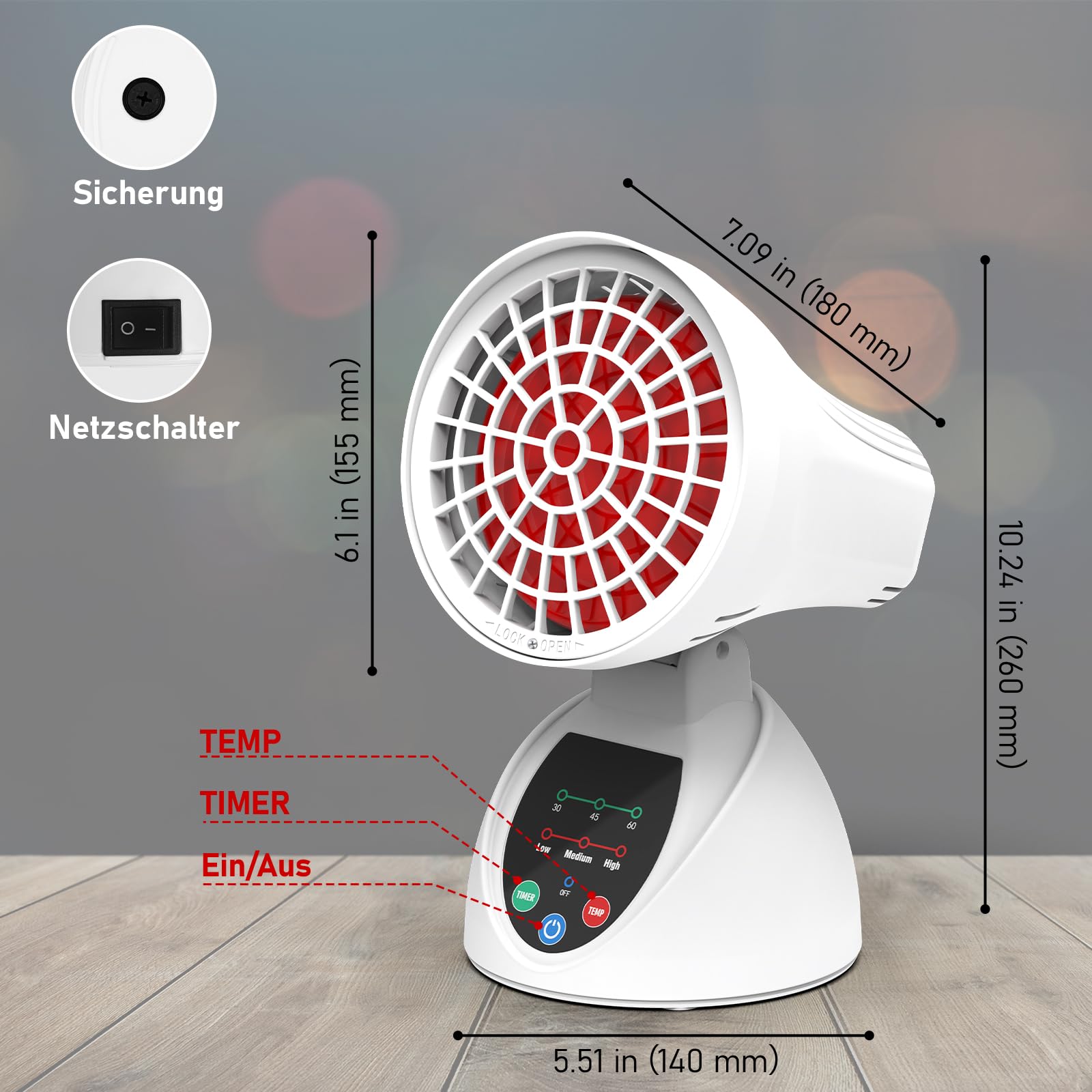 Lámpara de luz roja, lámpara infrarroja Relhafethy con ángulo ajustable, 150 W infrarrojos, temporizador de 30/45/60 minutos, protección antivuelco con apagado automático para hogar y oficina