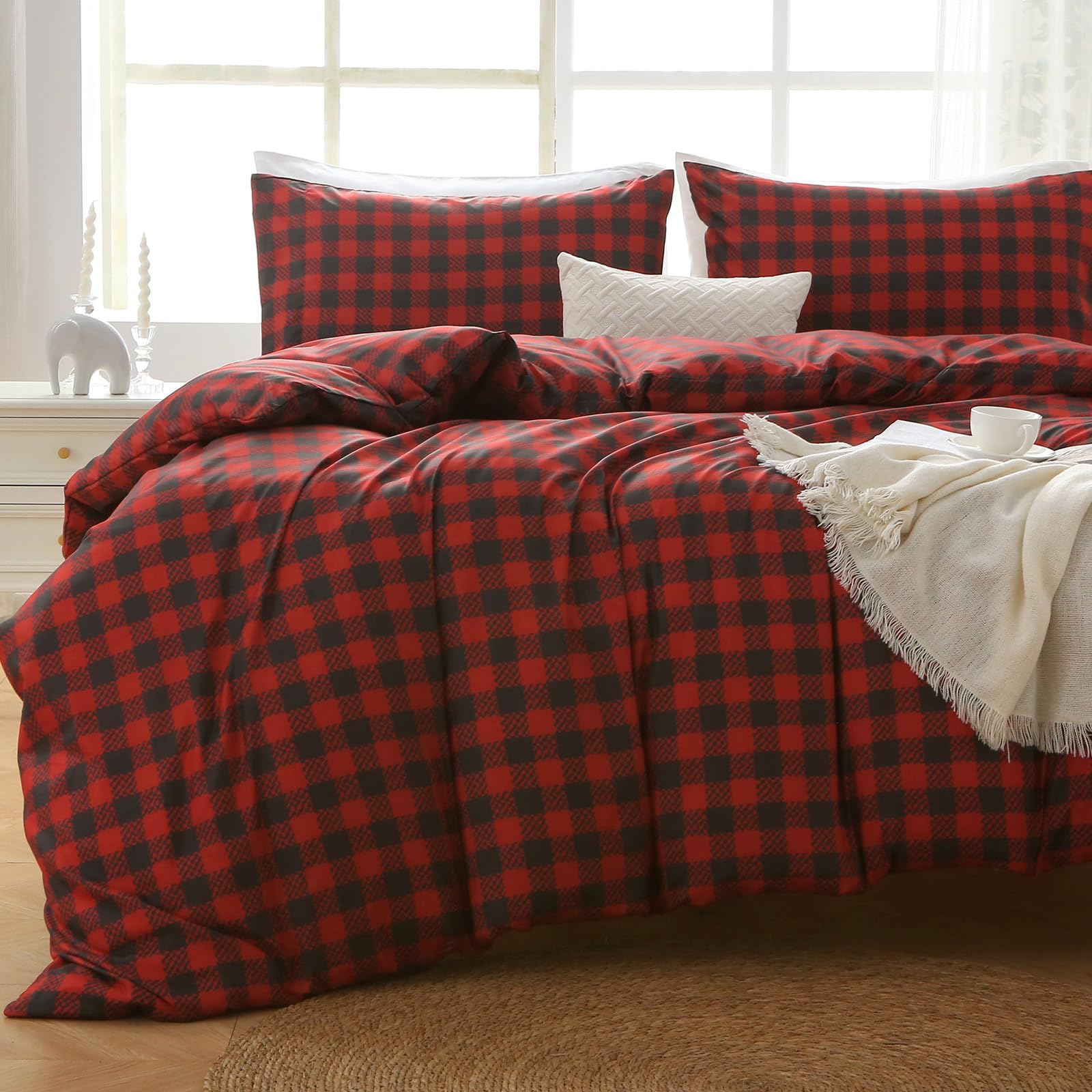 MUXHOMO Duvet Cover Queen Size Floral Duvet Cover Set with Zipper Closure, Red Plaid Bedding Set, 3 Pieces, 1 Duvet Cover 90"x90" with 4 Corner Ties