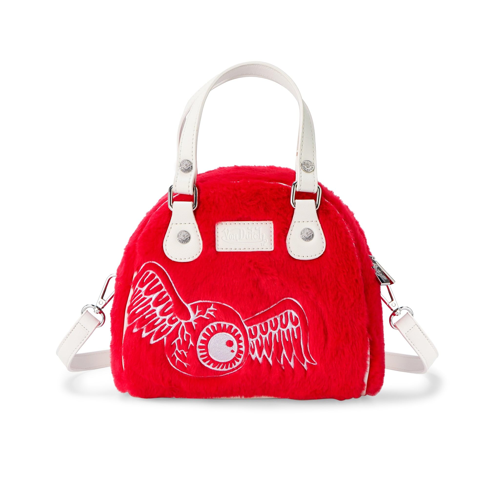 Von Dutch Womens Furry Bowling Bag Purse - Stylish Women's Handbag with Adjustable Strap, Spacious Interior, and Iconic Logo Design (Red Furry)