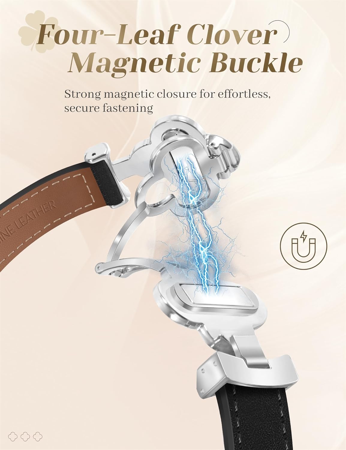 MOINSPIRE Designer Slim Leather Bands for Women,Lucky Four-Leaf Clover Cute Dressy Magnetic Watch Bands for iwatch Compatible with Apple Watch Series 11/10/9/8/7/6/5/4/3/2/1 SE 1/2/3 Ultra 1/2/3