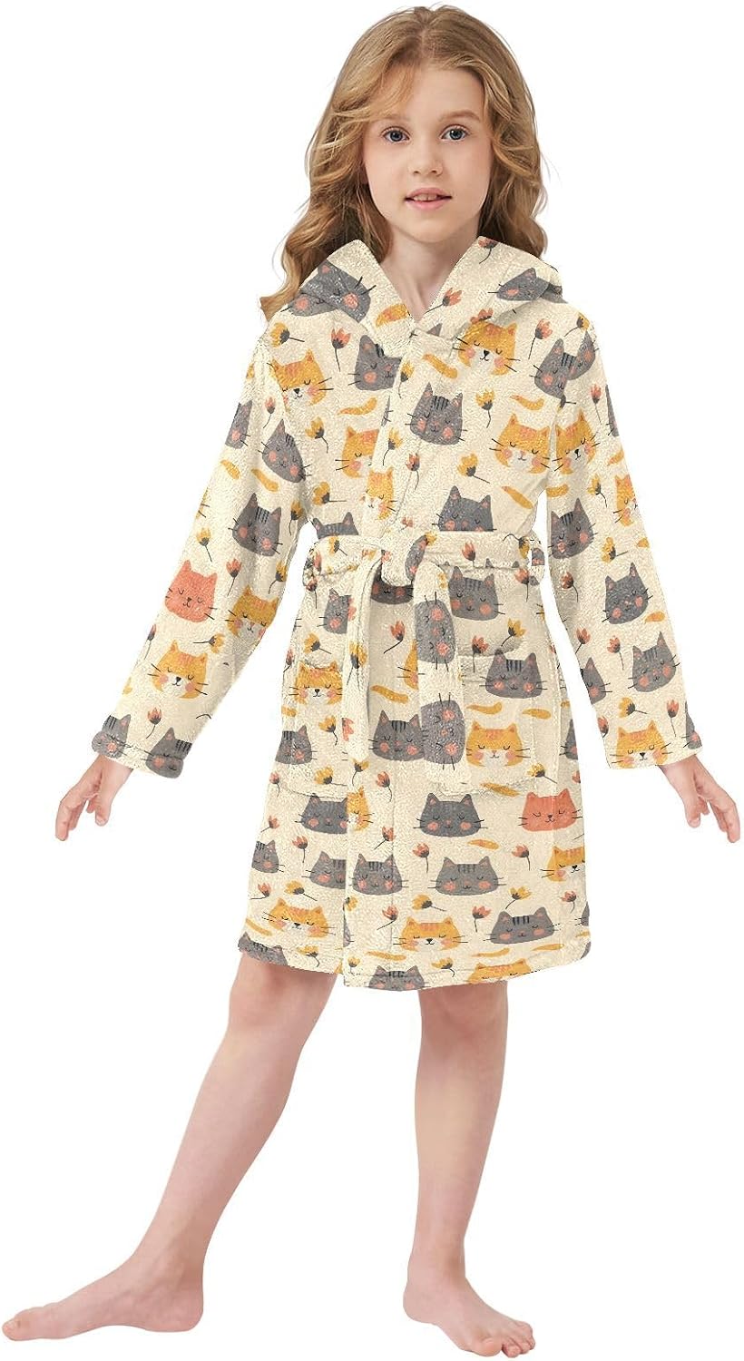 senya Cats Head with Flowers Toddler Hooded Bathrobe Kids Soft Plush Bath Towel Robes for Boys Girls 2-12 Years
