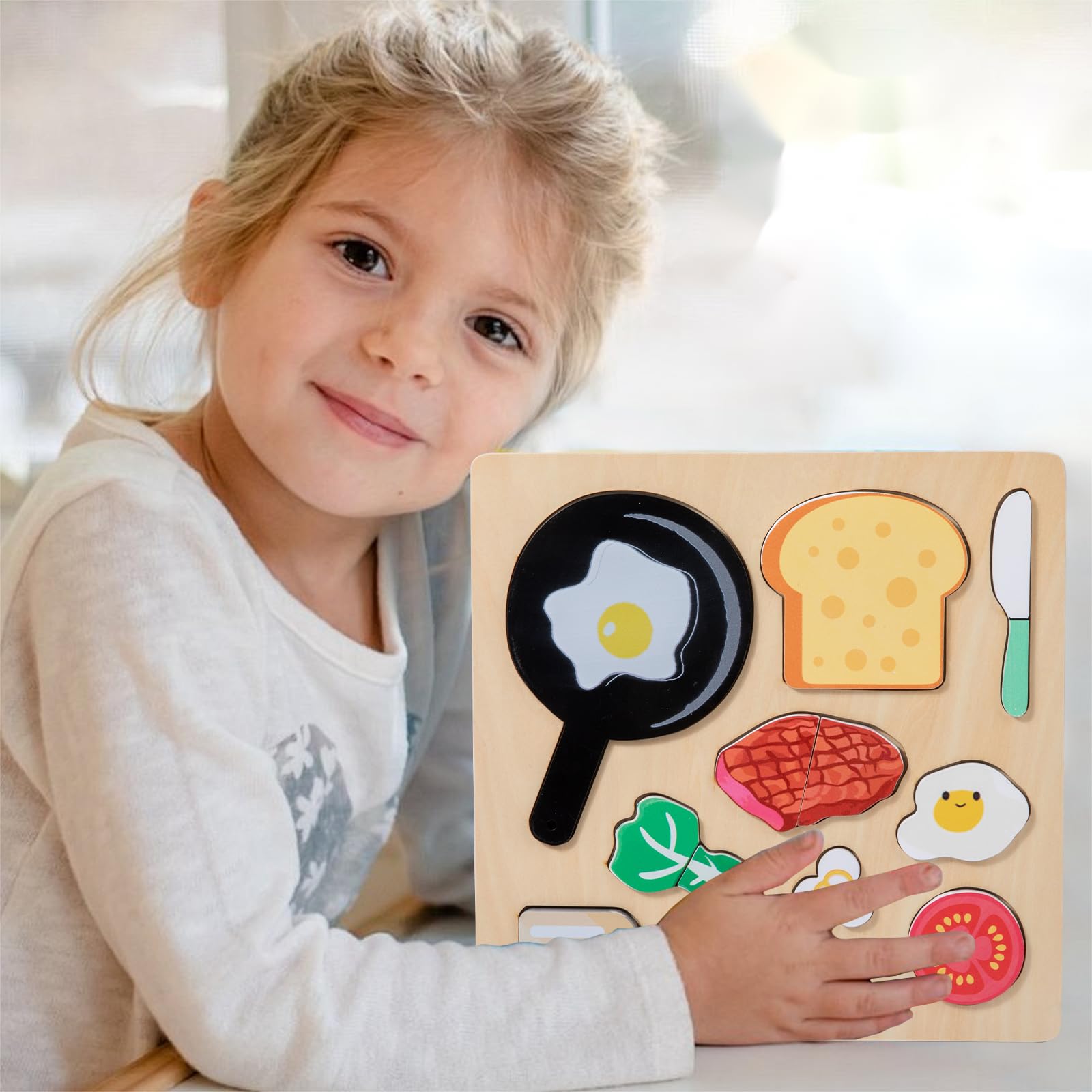 Adena Montessori Wooden Puzzles Play Fake Food for Kids Cookware Fried Egg Vegetables Set Kitchen Toys