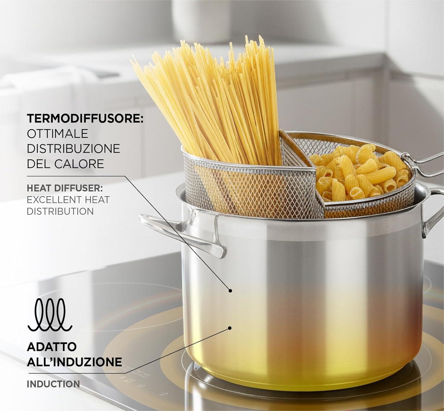 Spaghettiera Pastarella Doppio Cestello 22 CM in Acciaio Inox con Triplo Fondo per Tutti i Piani di Cottura Capacità 6 Litri