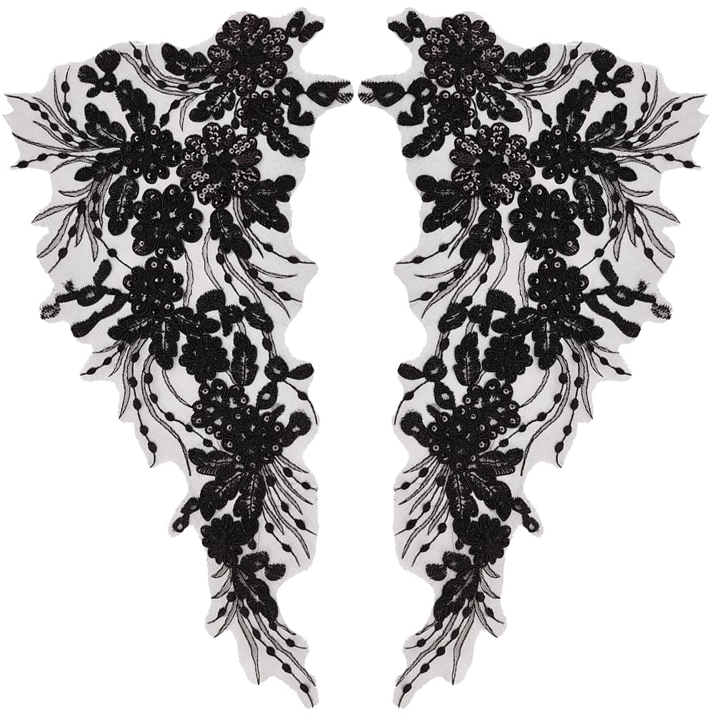 GORGECRAFT 4Pcs 3D Sequin Lace Applique Embroidery Sew on Leaf Flowers Collar Trim Patch Floral Motif Fabric Craft Decoration Patches for Sewing Wedding DIY Clothes Dress Pants Jeans Bag Garment Black