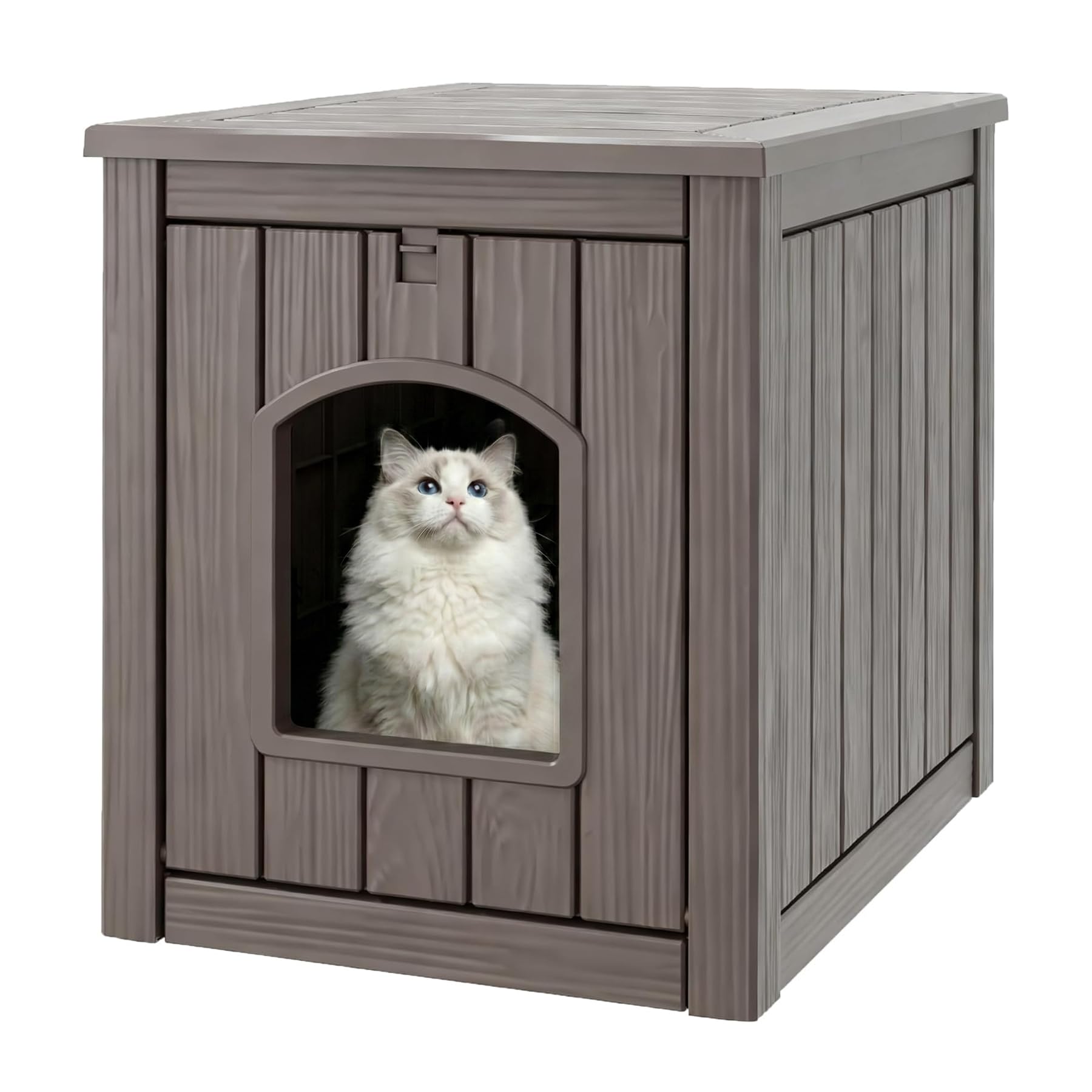 Cat Litter Box Enclosure, Plastic Hidden Litter Box Side Table with Openable Front Door, Cat Box Enclosure Cabinet for Indoor &amp; Outdoor Use, Weatherproof, Easy to Clean &amp; Assemble, Grey