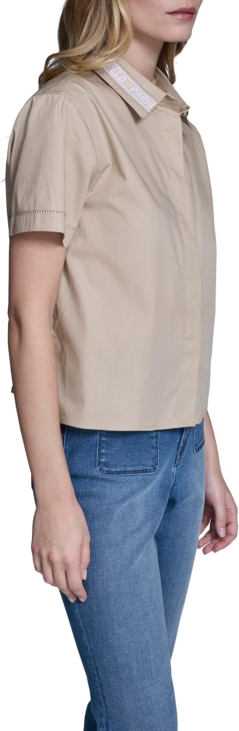 Karl Lagerfeld Women's Short Sleeve Gold Bead Collar Button Down Solid Cropped Blouse