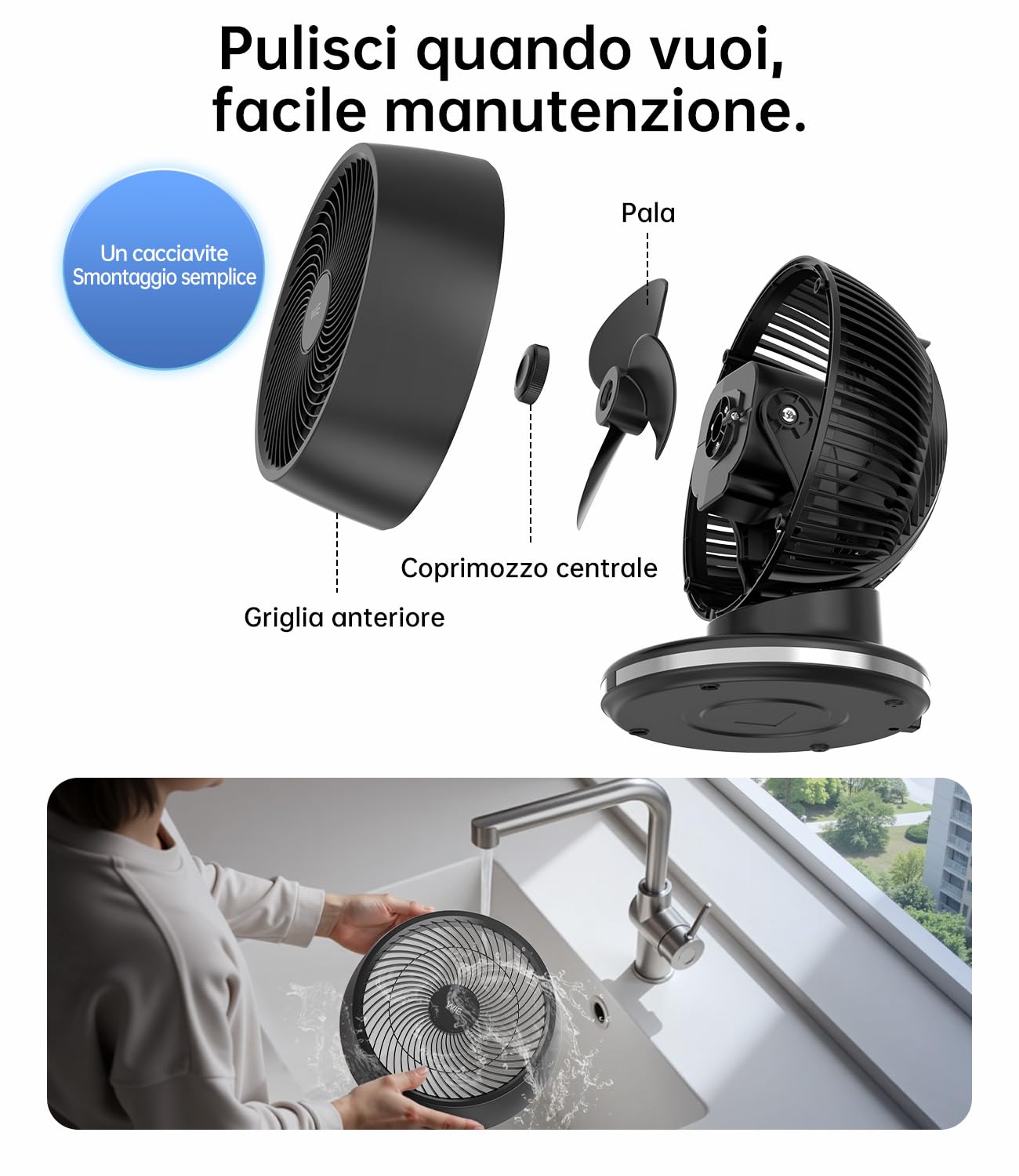 WIE Ventilatore da Tavolo Silenzioso 28 dB con 4 Modalità, 12 Velocità, Telecomando e Timer 12H, Ventilatore Oscillante Automatico 90°+90° a Basso Consumo per Camera da Letto, Ufficio e Casa