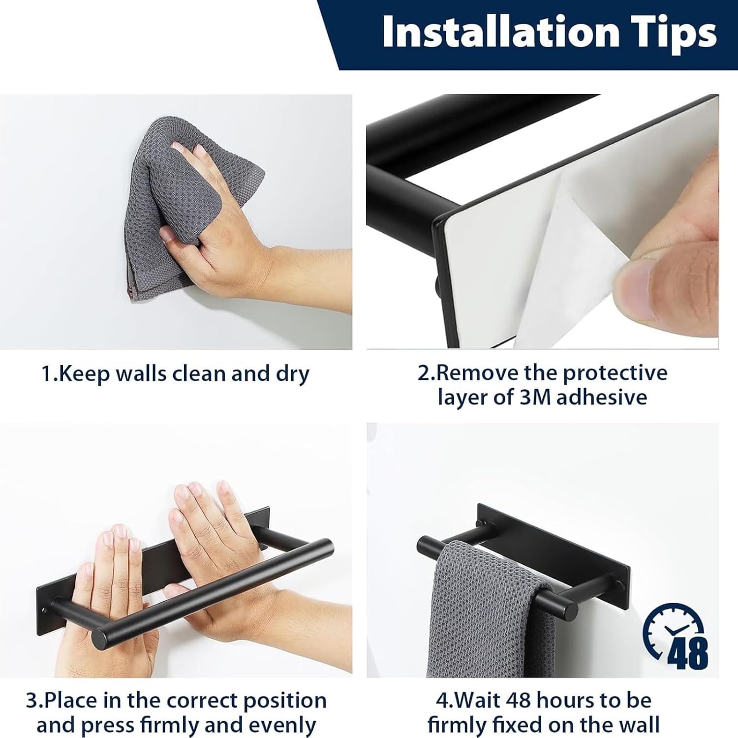 Alise Adhesive Towel Bar Black,Towel Racks for Bathroom Wall Mounted,Bathroom Towel Rack SUS304 Stainless Steel,Towel Holder for Kitchen/Bathroom Hardware Decoration,Sticky or Screw-Mounted,8 Inch - Image 8