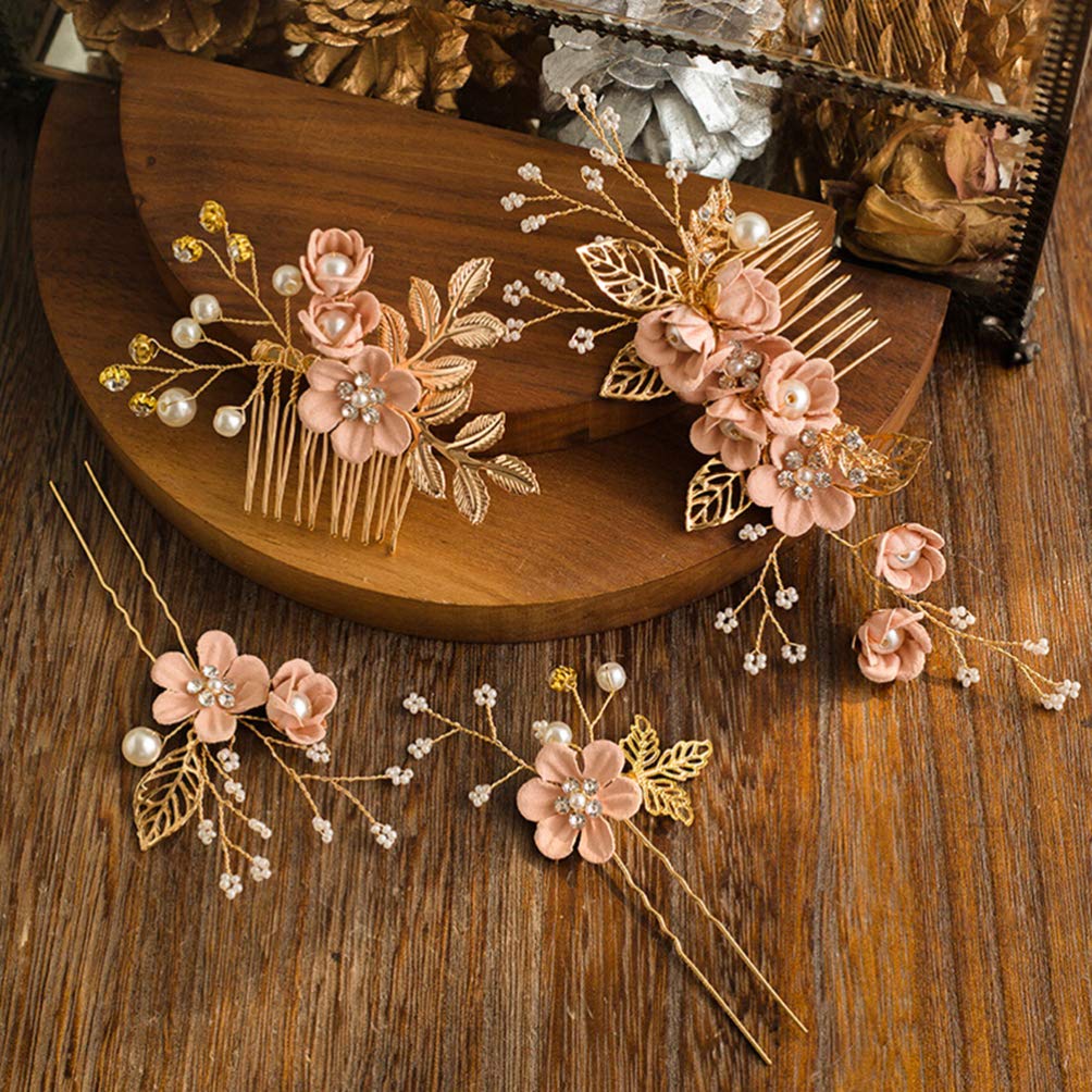 NUOBESTY Wedding Hair Comb Set Floral Rhinestone Bridal Hair Accessories Pearl Leaf Design for Women Wedding 4Pcs - Image 5
