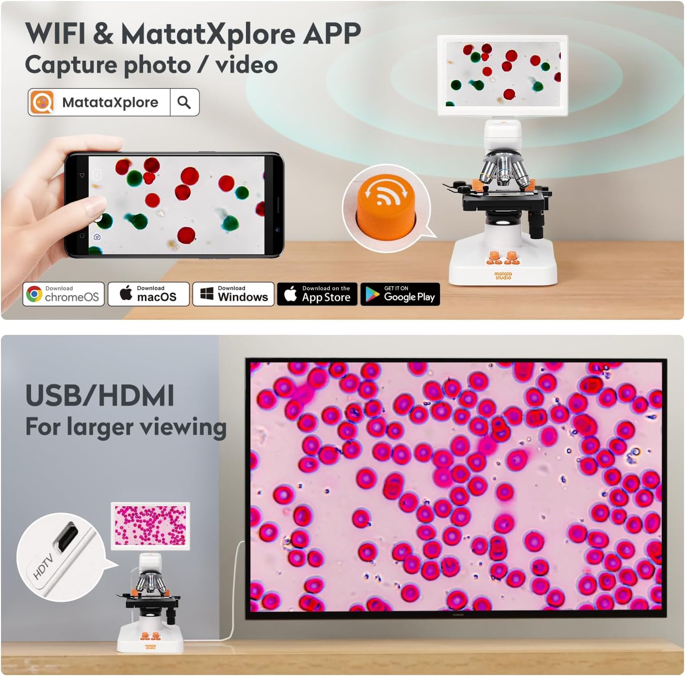 MT3-5 Wireless Digital Compound Microscope for Kids Adults, 1600X USB Microscope with 7-inch Touchscreen, Professional Electron Scope with 8MP Camera and 3D Stage for Students School Lab