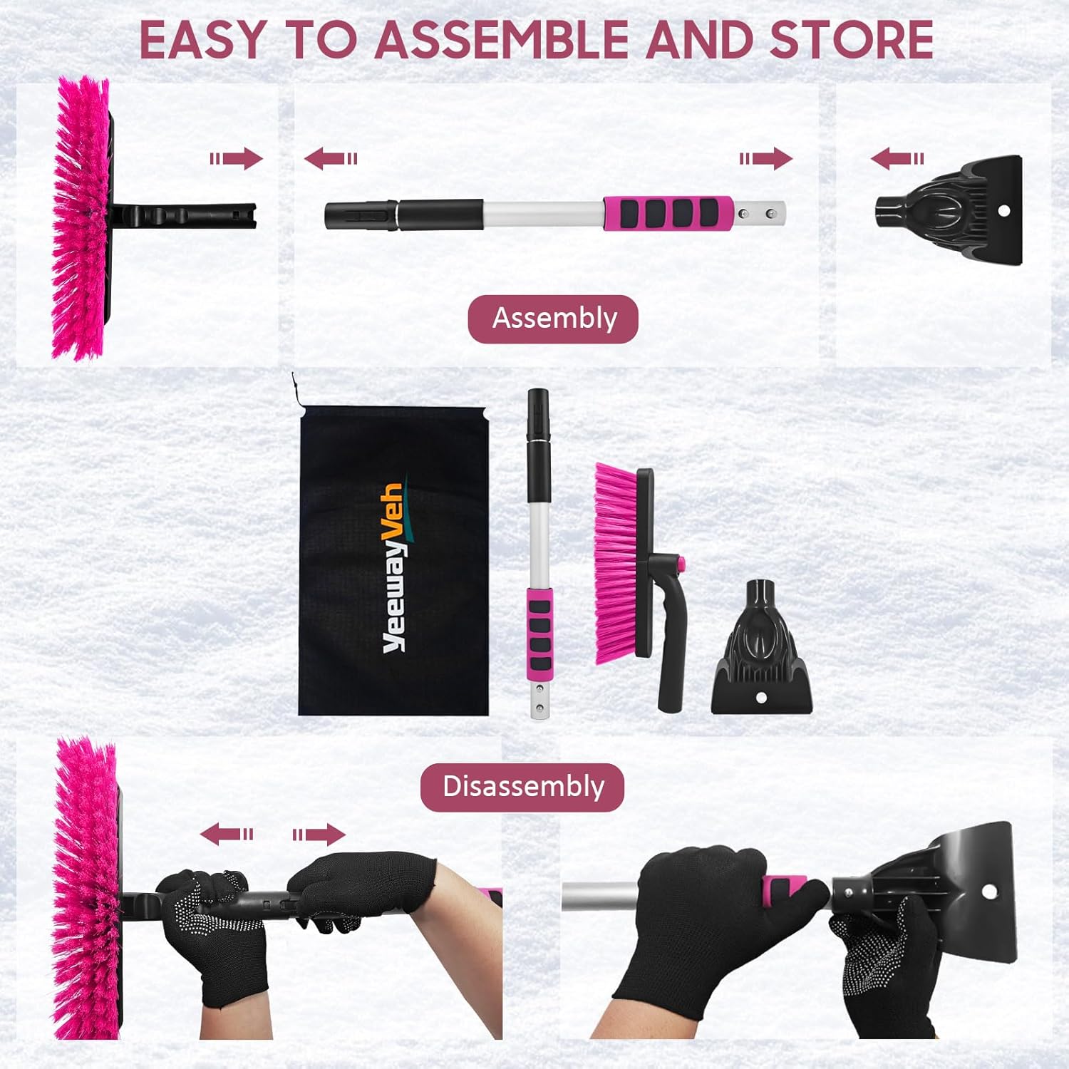 YeewayVeh 39" Snow Brush and Ice Scrapers for Car Windshield, 360° Pivoting Brush Head with Comfort Foam Grip, 3 IN 1 Extendable Car Scraper Snow Brush for SUV Trucks Sedans, Pink (Single)