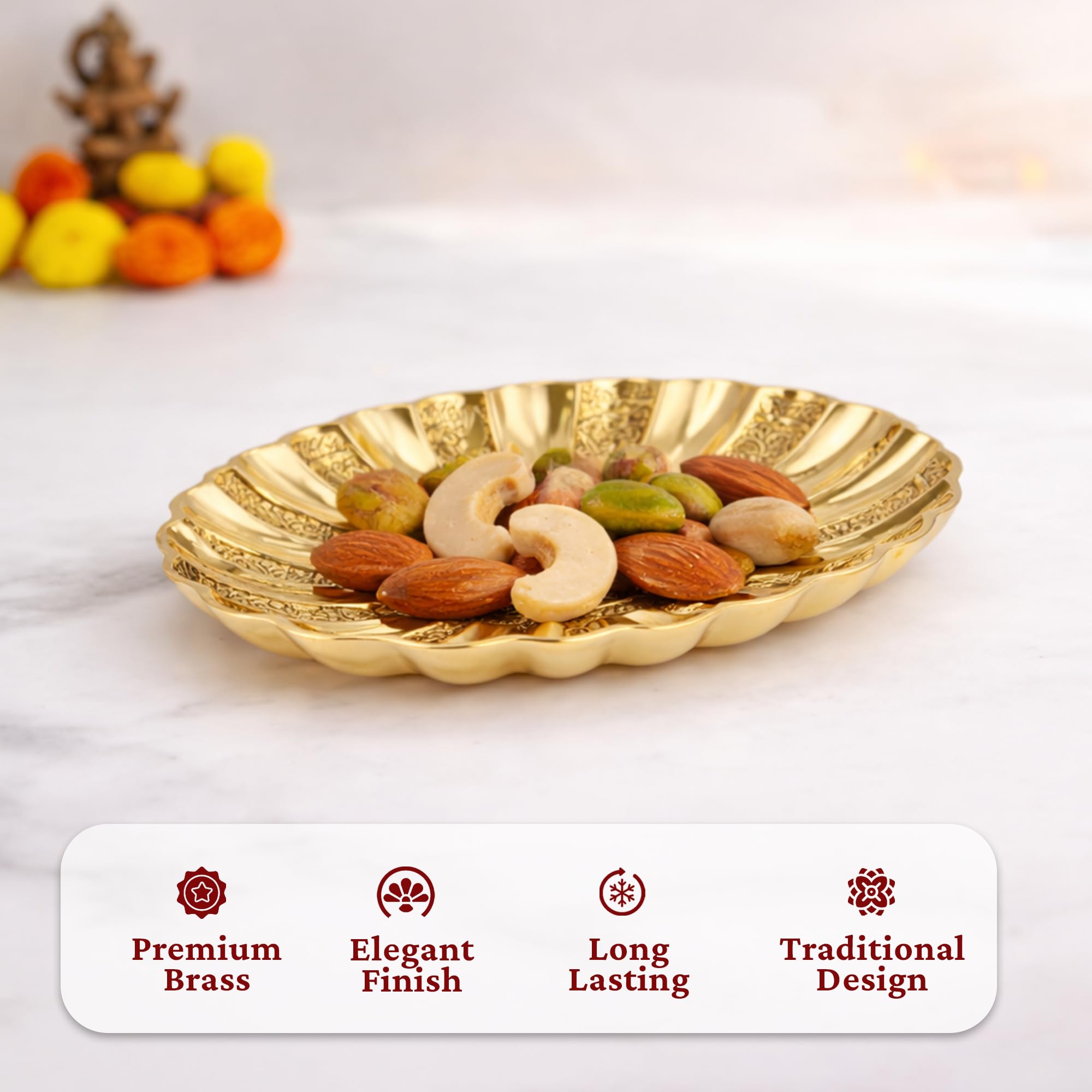 Putrika Brass Oval Engraved Tray – Floral Design Pooja Plate | Decorative Antique-Style Serving Tray for Home, Temple, Festive Use, Return Gift- Engraved Oval Tray (Xtra Small) 2