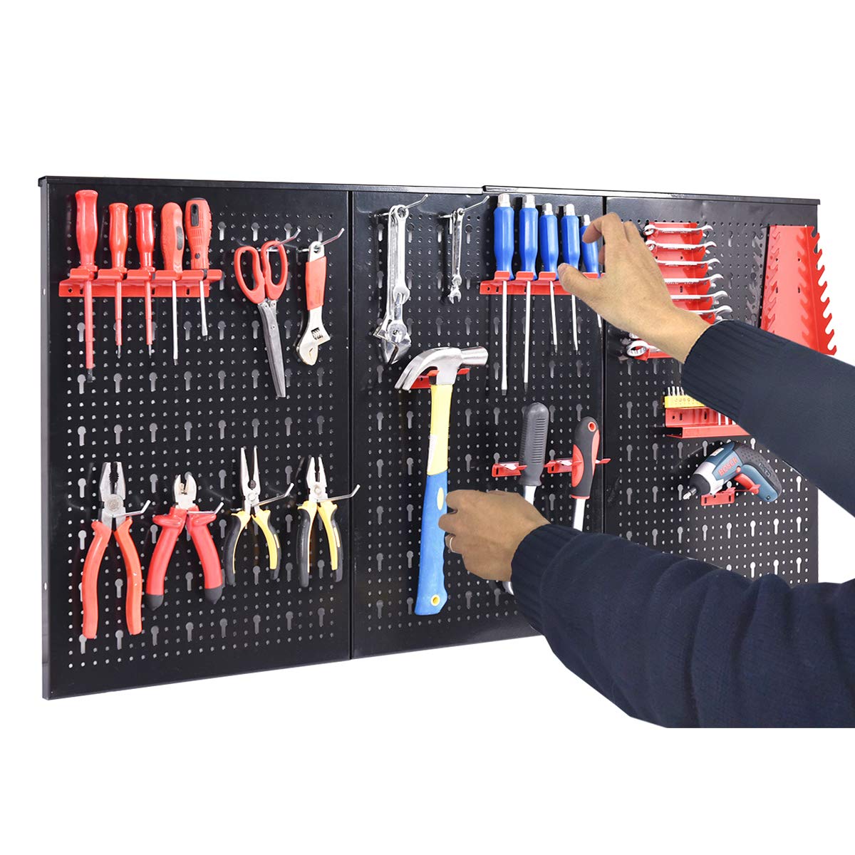 GOPLUS Organizador de Herramientas de Pared, Estante de Almacenamiento de Metal con 3 Paneles Perforados y 17 Accesorios, Soportes para Herramientas para Bricolaje Taller Garaje, 120 x 60 cm