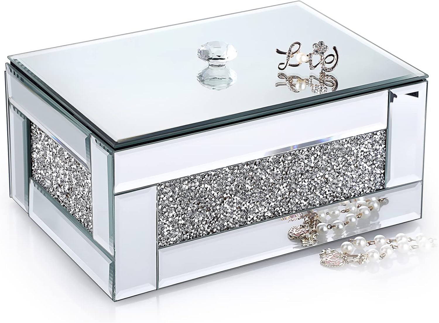 JuxYes Glass Mirror Jewelry Box with Crushed Diamond Trinket