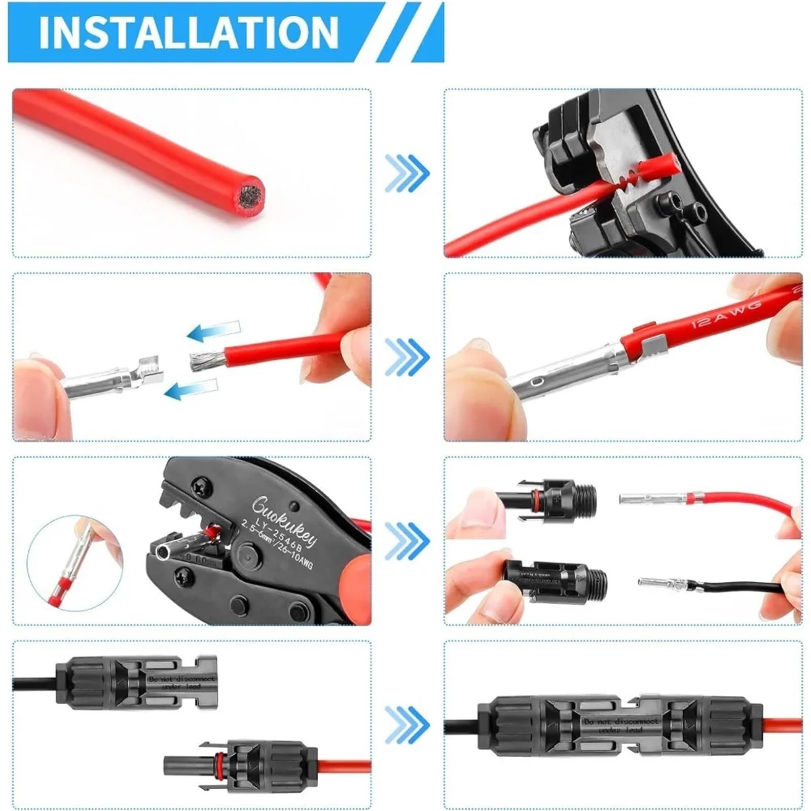 10 juegos de conectores fotovoltaicos + 4 herramientas de crimpado para conectores solares para cables de panel solar de 2,5/4/6 mm² + pelacables