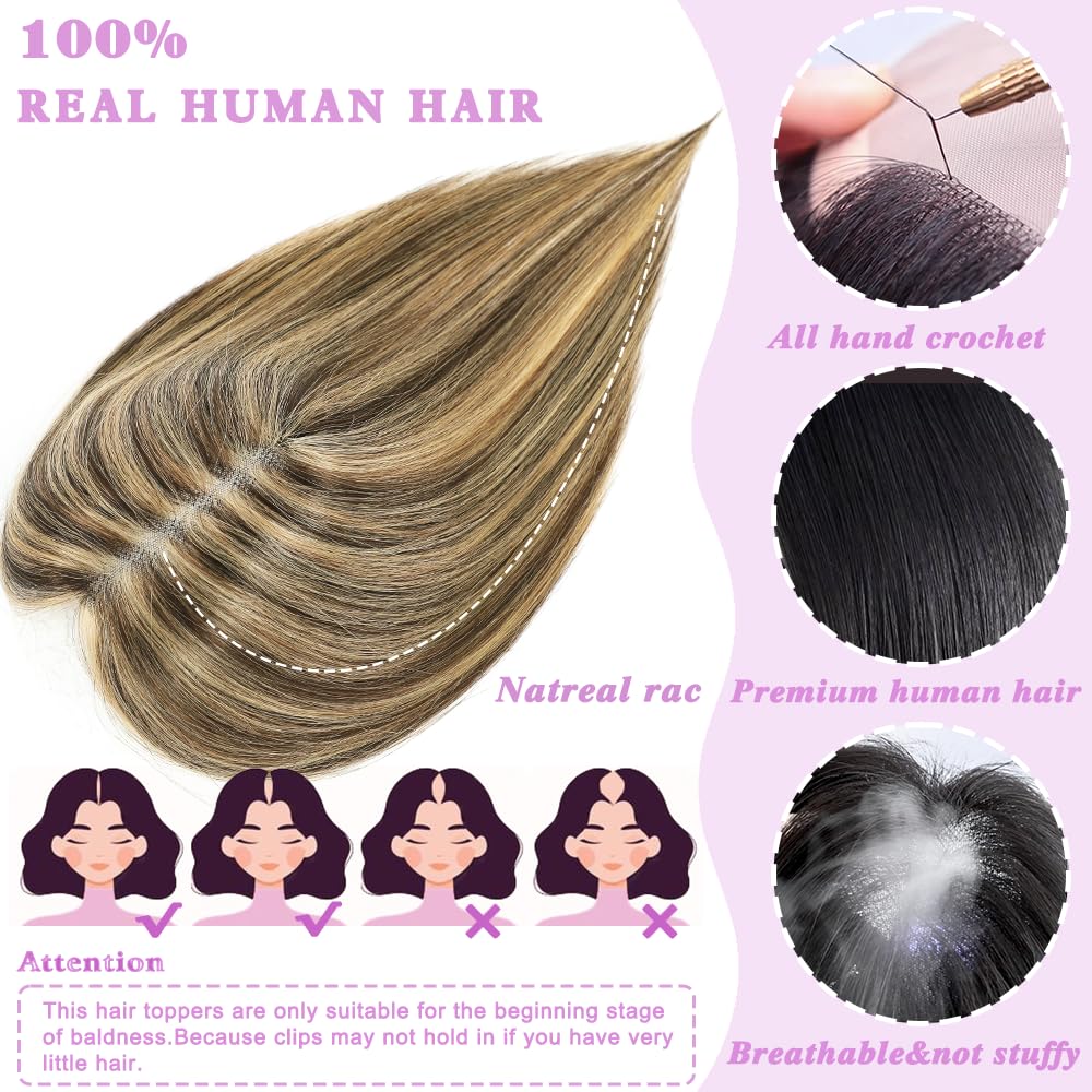 Lagomance Hair Toppers with Thinning Hair 100% Real Human Topper for Women 10 inch Medium Brown Mix blonde Hairpieces for Women 120% Density top toppers Hairpieces for Thinninghair#427 - Image 4