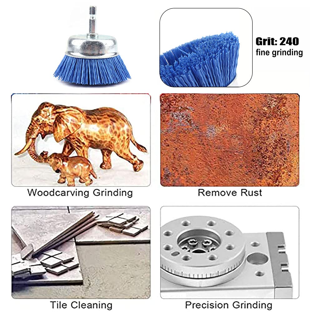 BAINUO 3 Inch Abrasive Cup Brush Filament Nylon Wire Bristle Drill Wheel 14 Hex Shank 240 Fine Sanding Scuffing Brush for Remove Rust, Corrosion, Paint Max RPM 4,500