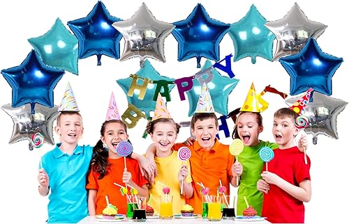 Miniatura 5 de Globos de estrella azul de 18 pulgadas, papel de aluminio de helio, juego de 12 piezas de aspecto metálico, globos de fiesta de cumpleaños, azul